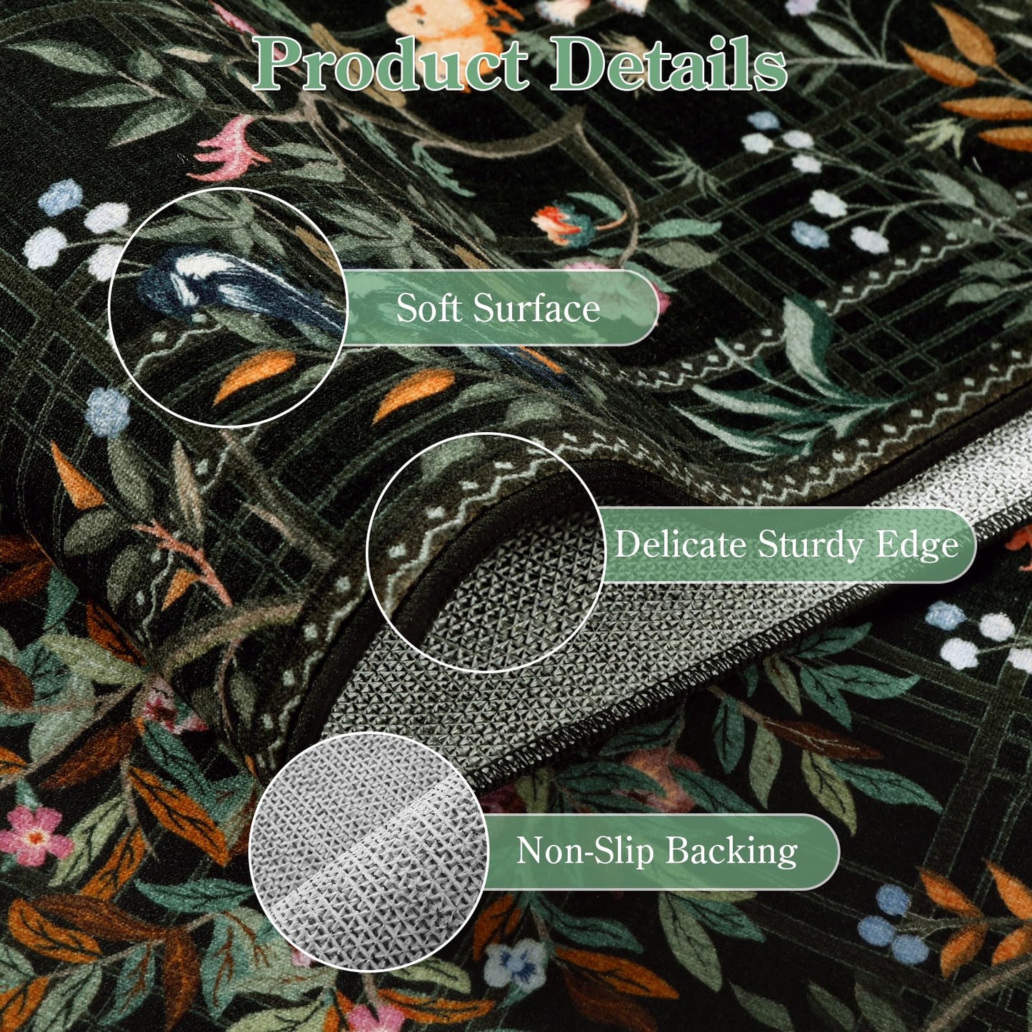 Morebes Floral Washable Rug Runners for Hallways Non Slip, Flower Kitchen Runner Rug 2x6, Boho Botanical Ultra-Thin Soft Floor Carpet for Bathroom Entryway Laundry Room, Black