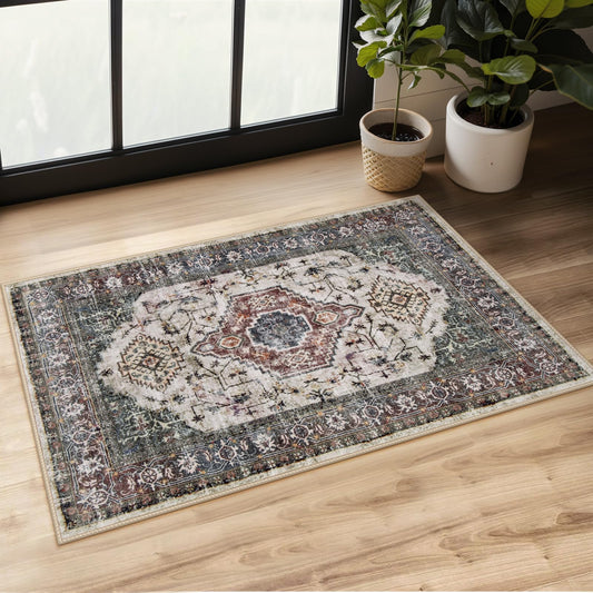 Lahome Oriental Small Rugs for Entryway, 2x3 Rug Non Slip Washable Door Mat Indoor Entrance Ultra-Thin Vintage Soft Carpet for Kitchen Bedroom Front Door Bathroom Eleanor, Brown/Grey