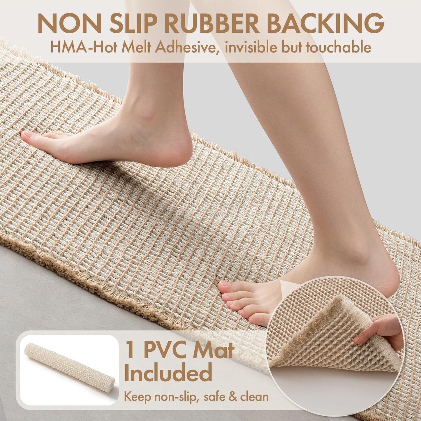 MIULEE Waffle Bathroom Runner Rugs, Super Absorbent Non Slip Bath Rug, Soft Quick Dry Washable Boho Large Beige Bath Mat with Tassels for Hallway Laundry Room Bedroom, 2'x5' (24"x60"), Brown & White