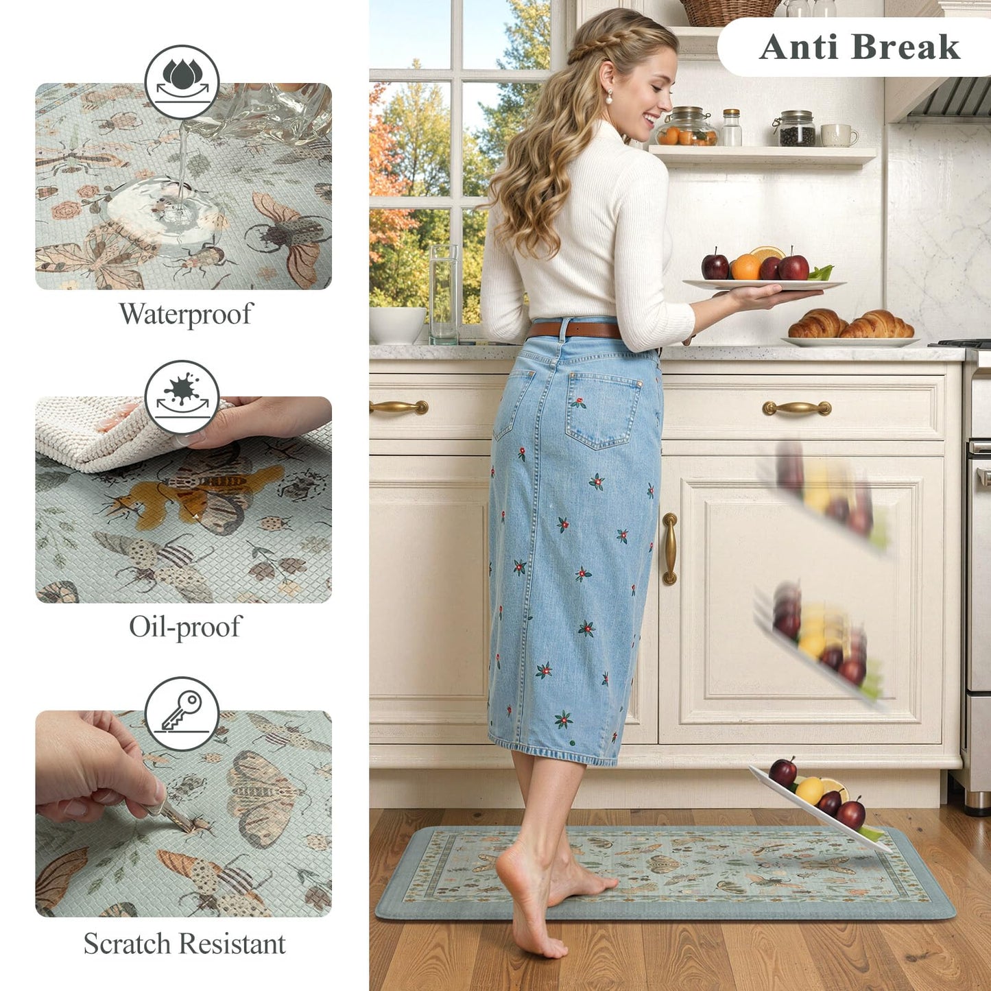 LEEVAN Anti Fatigue Mats for Kitchen Floor Non-Slip, Cushioned Kitchen Mats for Floor 2 Piece, Blue Memory Foam Kitchen Mat Set, Waterproof Ergonomic Standing Mat for Bar, Office,Desk, Laundry