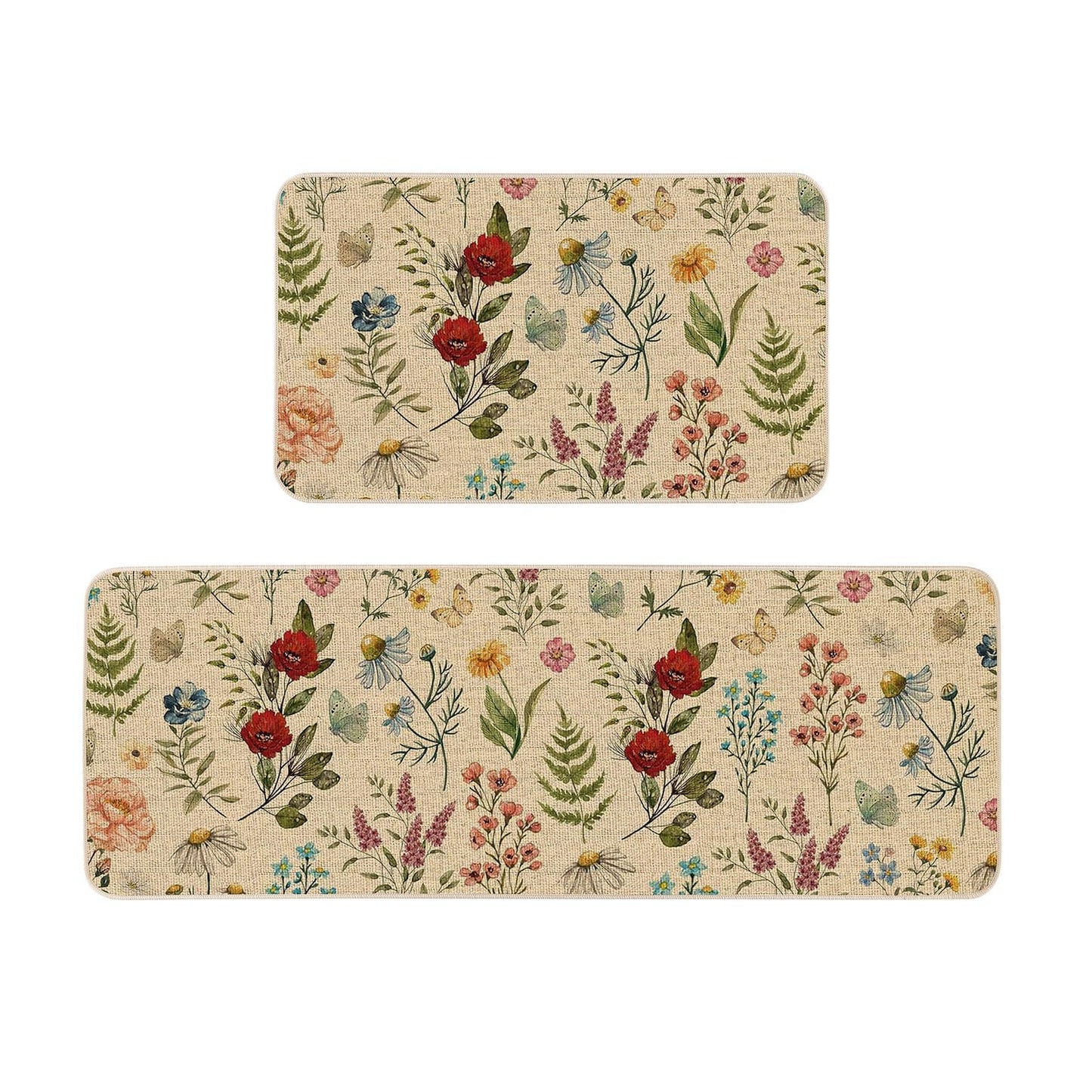 Moutina Wildflower Floral Kitchen Rugs Set of 2, Spring Summer Home Decor Low-Profile Kitchen Mats for Floor - 17x29 and 17x47 Inch