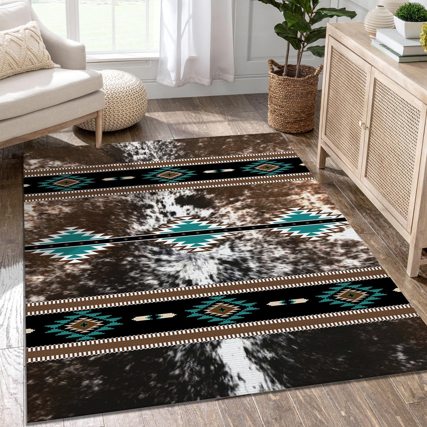 Combo Southwest Area Rug and Non-Slip Rug Tape for Living Room, Bedroom Dining Room, Laundry 3x5 ft Southwestern Rugs Runner Geometry Aztec Carpet, Native Tribal American Indian Inspired Rug