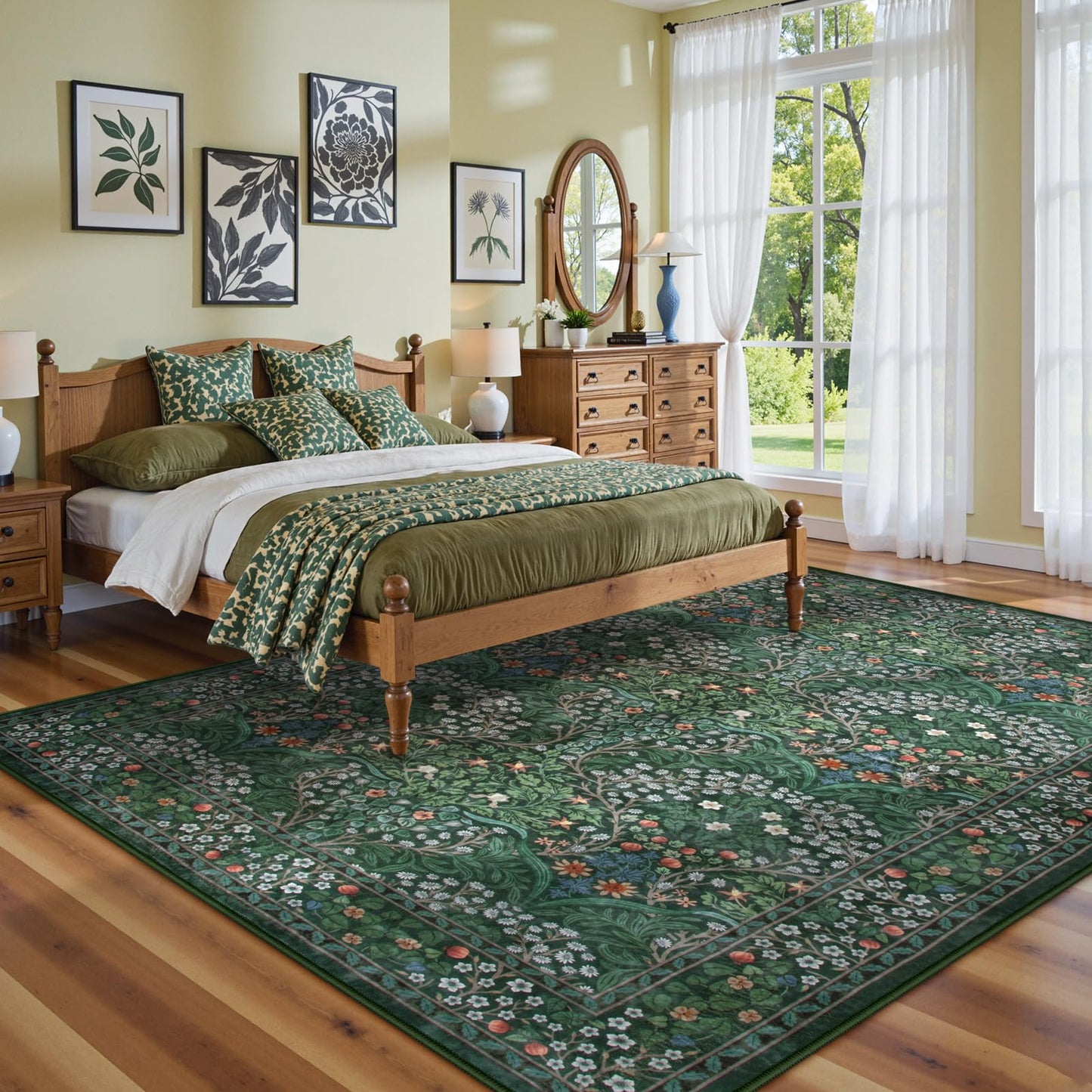 Lahome Dark Green Bedroom Rugs 5x7, Soft Washable Rugs for Dining Room, Boho Non Slip Low Pile Forest Stain Resistance Floral Carpet for Living Room Office Giverny, Dark Green