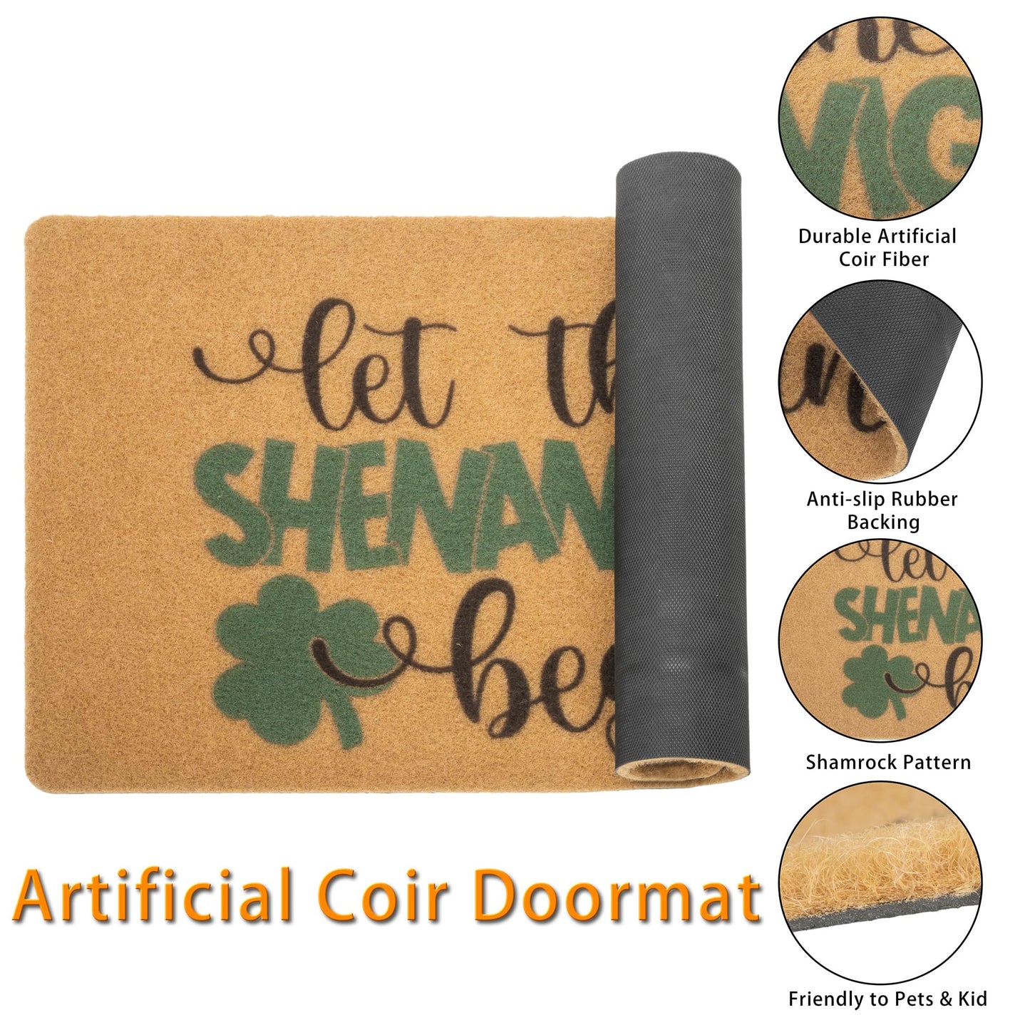 KorhLeoh St. Patrick's Day Entrance-Welcome-Doormat, Shamrocks Front-Door Door Mat Clovers Decorative Artificial Coir Mat 17" X 29"
