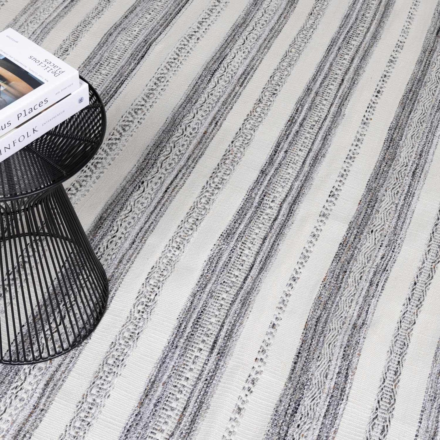 Hauteloom Geographe Recycled Material Living Room, Bedroom Area Rug - Striped Geometric Border - Contemporary Modern Minimalist Farmhouse Boho - Beige, Dark Red, Charcoal, White, Gray - 5' x 7'6"