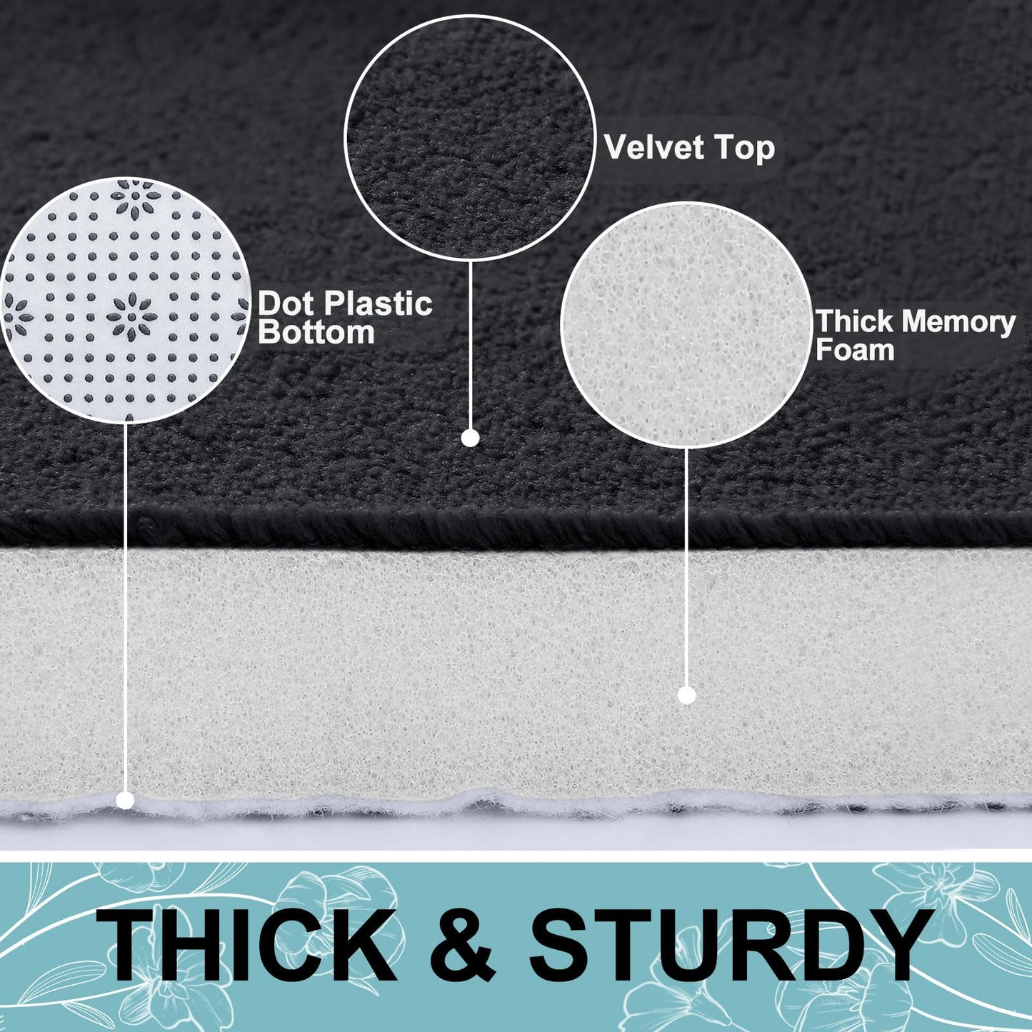Smiry Memory Foam Bath Mat 30x20, Extra Soft and Absorbent Bathroom Mats, Non Slip Washable Carpet for Floor, Shower and Tub, Black