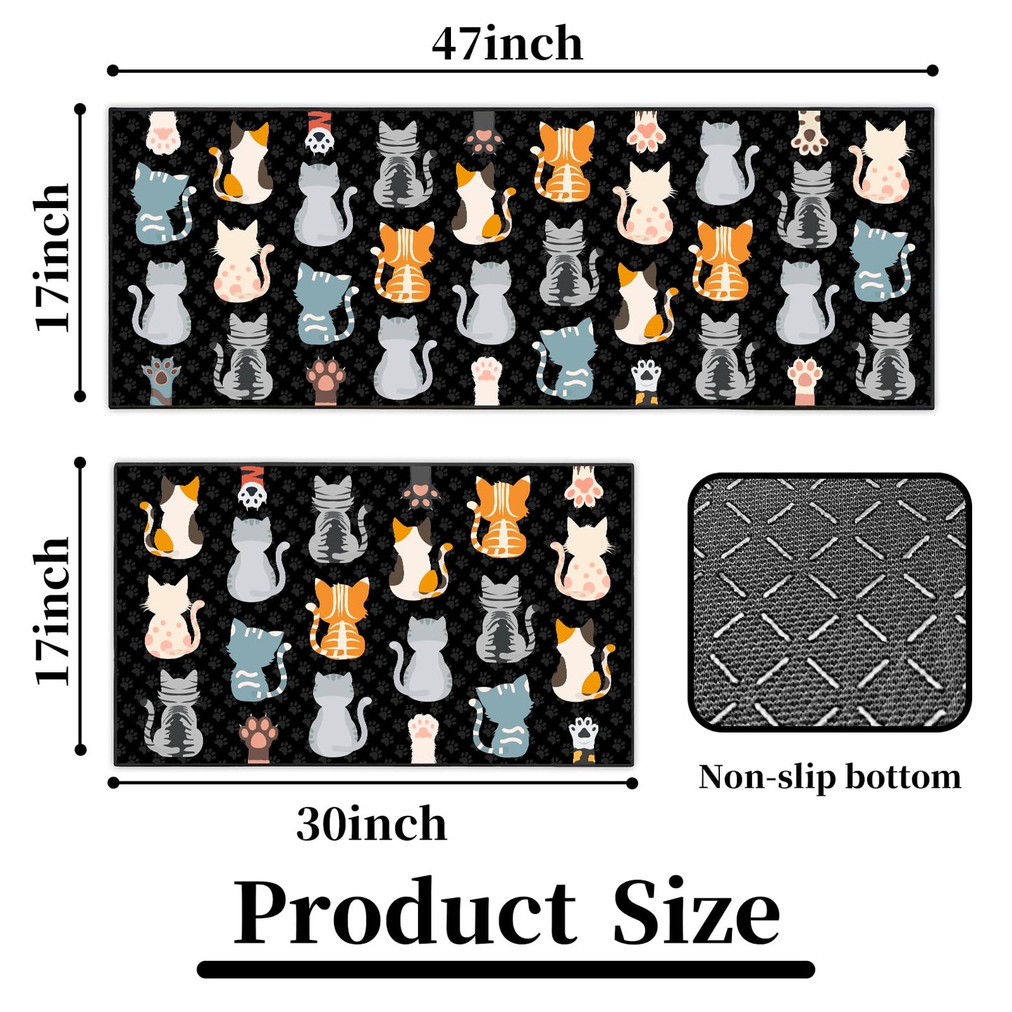 JWXCBIM Cat Kitchen Rug 2 Piece Set, Country Farmhouse Style Decor Kitchen Floor Mat, Non-Slip Absorbent and Washable Runner Rug, Funny Cat Black Kitchen Decorations 17x30+17x47 Inches
