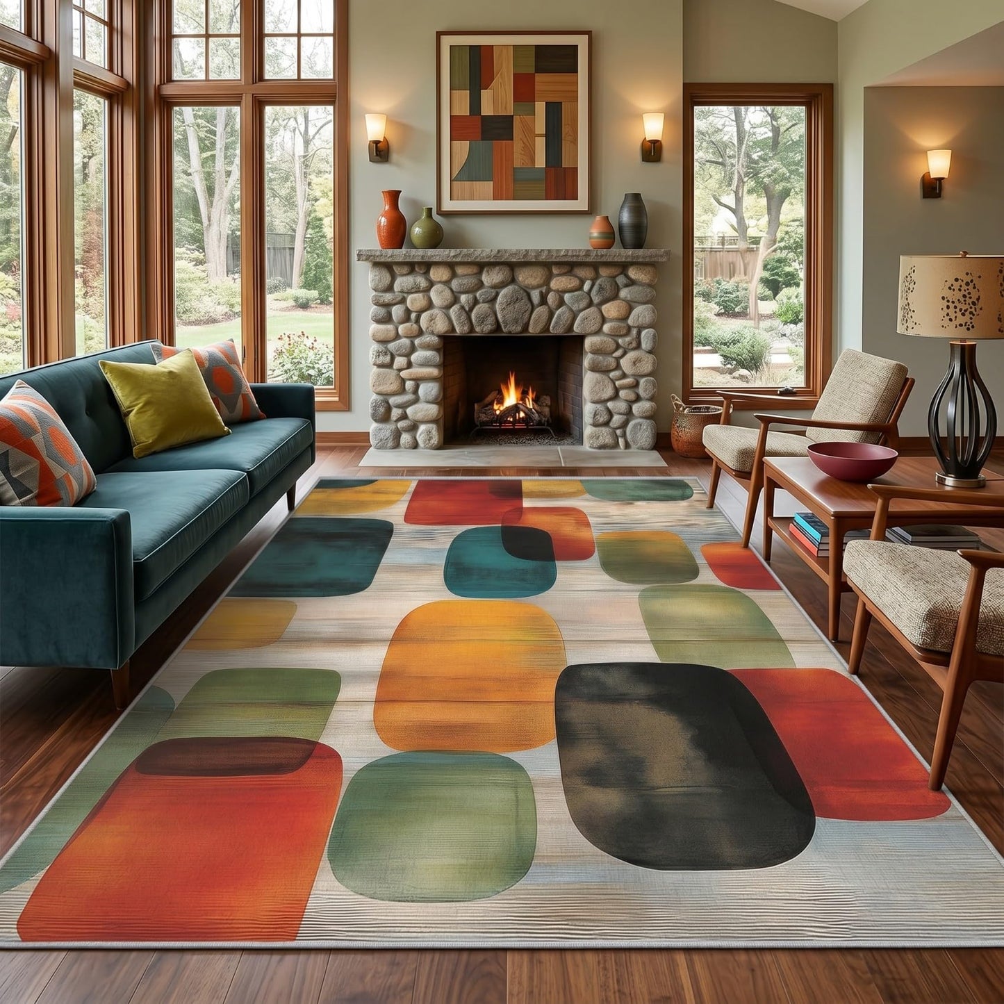 Tzvjxln Mid Century Geometric Area Rug 5x8 ft, Retro Color Block Abstract Statement Rug, Low Pile Non-Slip Washable Indoor Rug for Living Room Bedroom