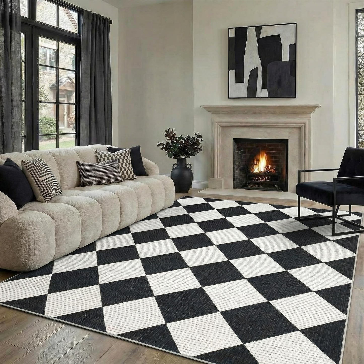 GarveeHome 5x7 Modern Checkered Area Rug, Black and White Washable Rugs for Living Room Bedroom, Soft Low Pile Non Slip Diamond Floor Mat Plaid Print Throw Rug Indoor Carpet Dining Room Playroom