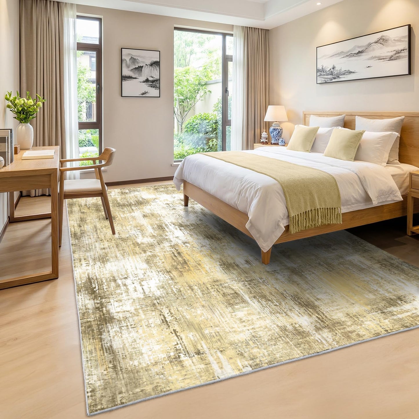 8x10Ft Living Room Rugs Non-Slip Modern Abstract Rug Washable Rugs Carpet for Bedroom Pile Rug for Living Room，Bedroom, Dining Room, Kids Playroom, Home Office Yellow