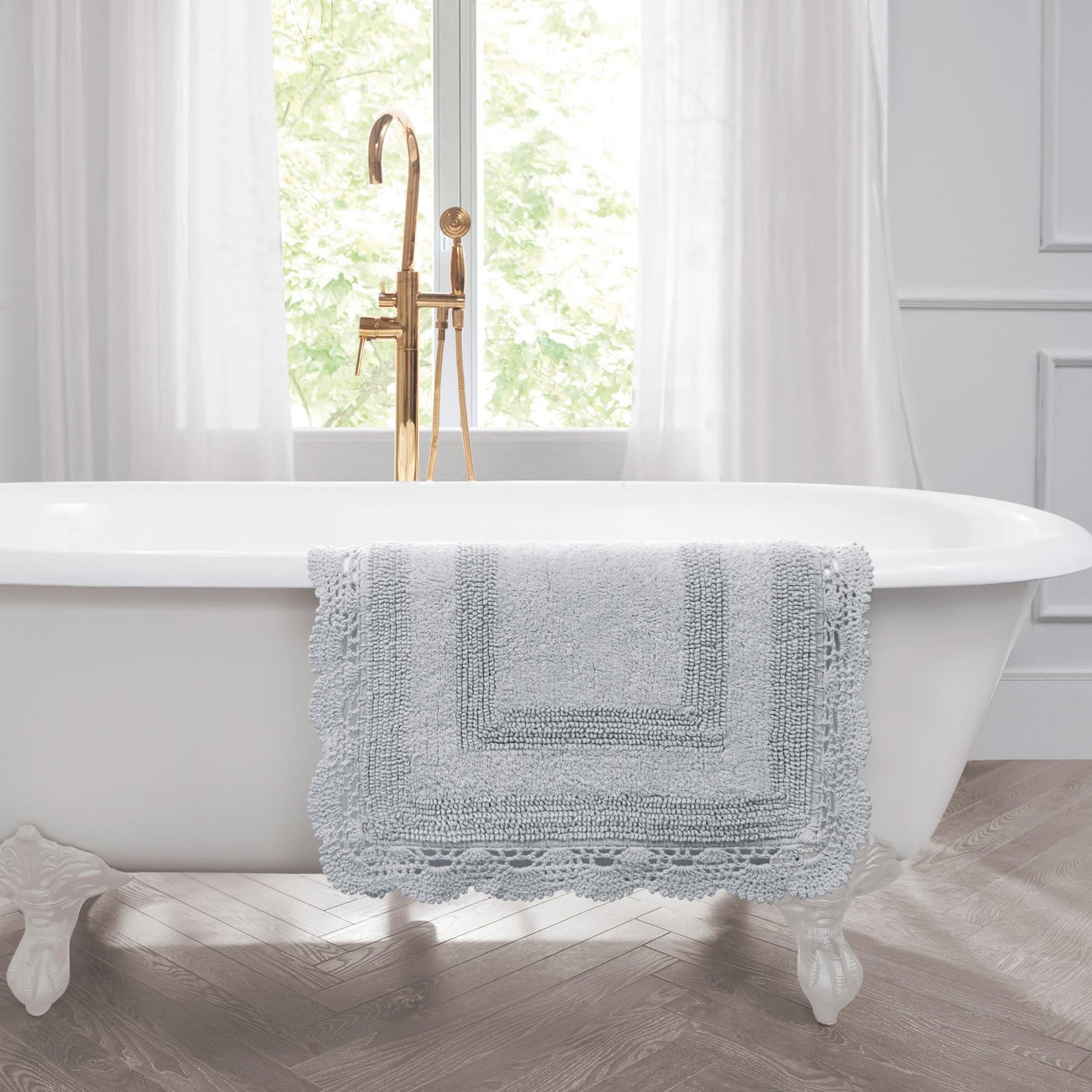 Laura Ashley Absorbent Bath Mat Reversible Crochet Soft and Plush Bathroom Mat 100% Cotton 17x24 Bath Rug, Light Grey