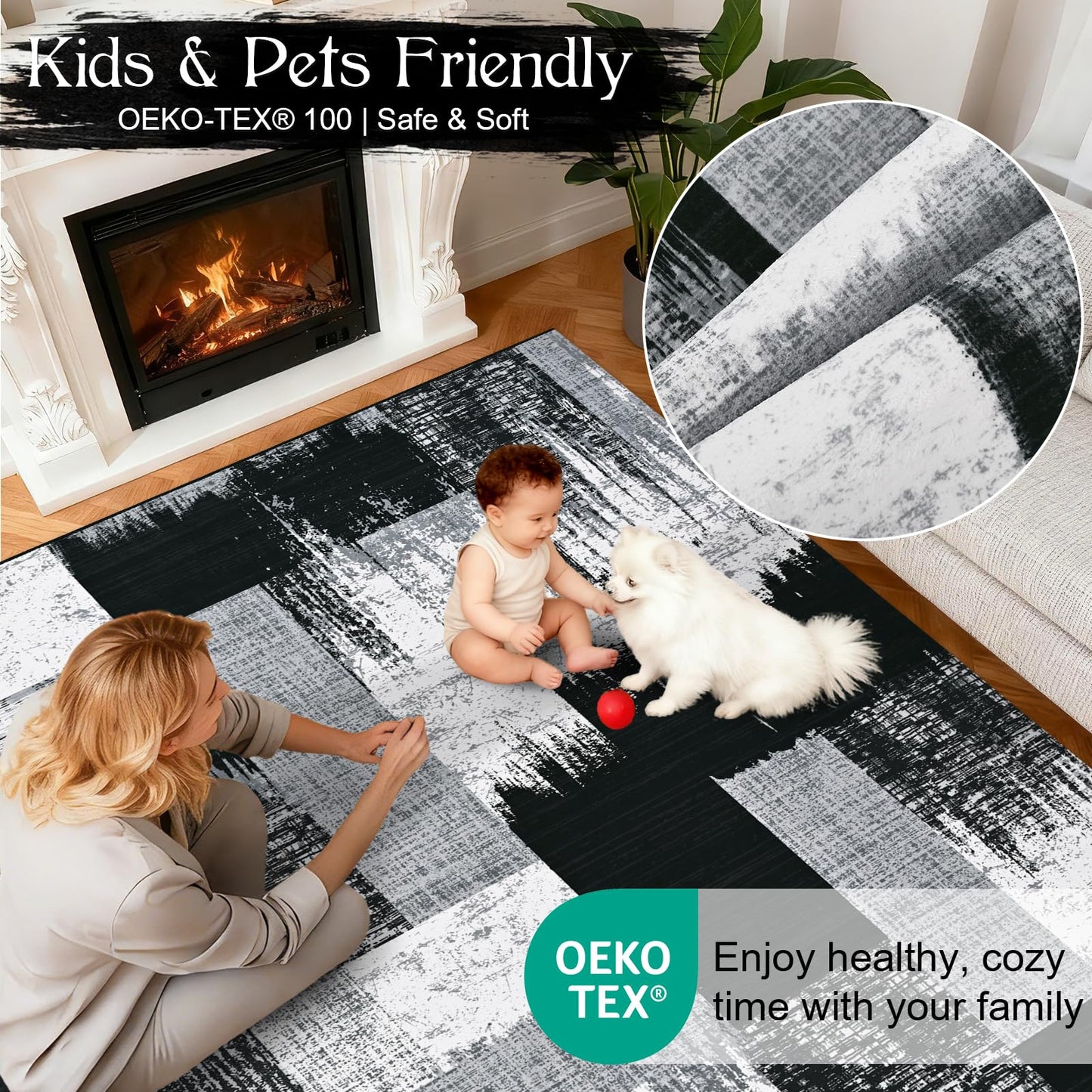 Yinhua Modern Geometric 4x6 Rug, Patchwork Grey Rugs for Living Room Washable Abstract Area Rug Non Slip, Soft Bedroom Rugs Stain Resistant, Mid Century Low Pile Carpet for Dining Room, Office