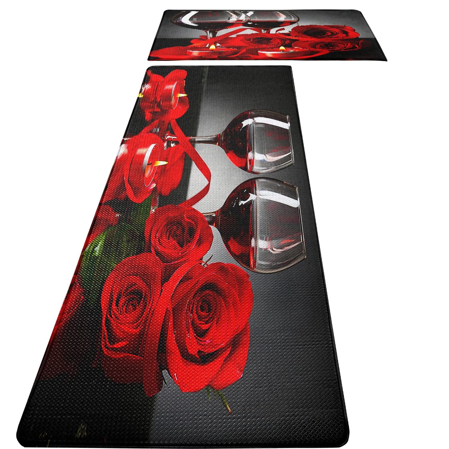 FNLNDO Red Wine Kitchen Rugs and Mats Set of 2 Modern Rose Anti Fatigue Kitchen Floor Mat Non-Skid Washable Kitchen Runner Rug for Kitchen Sink Laundry
