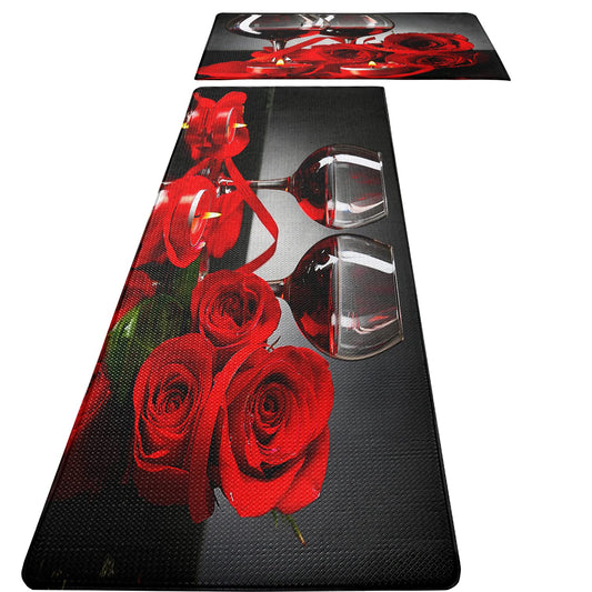FNLNDO Red Wine Kitchen Rugs and Mats Set of 2 Modern Rose Anti Fatigue Kitchen Floor Mat Non-Skid Washable Kitchen Runner Rug for Kitchen Sink Laundry
