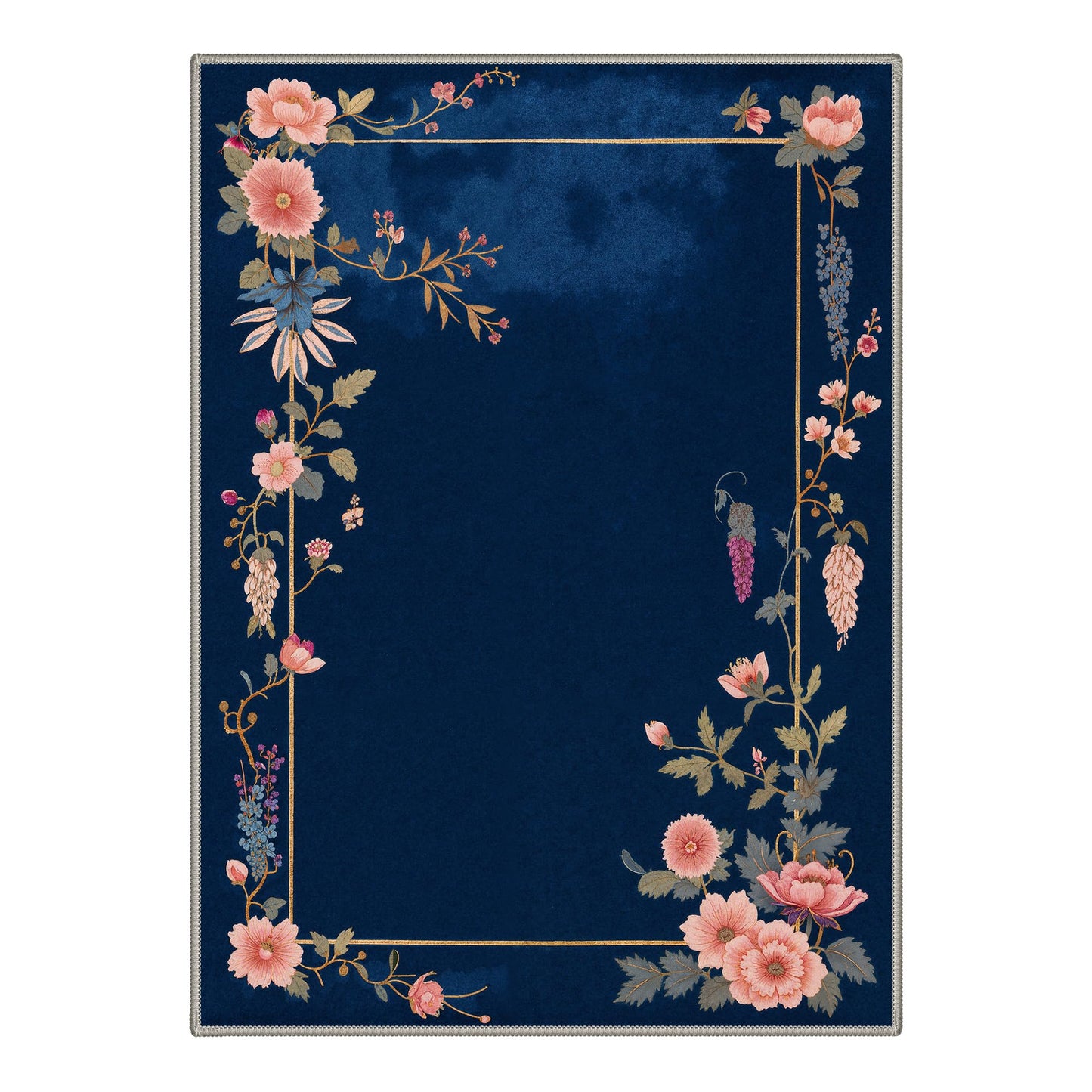 GENIMO 8X10 Area Rugs for Living Room, Machine Washable Non Slip Stain Resistant Low Pile Rug, Floral Border Soft Rugs for Bedroom, Dining Room, Home Office, MidnightBlue