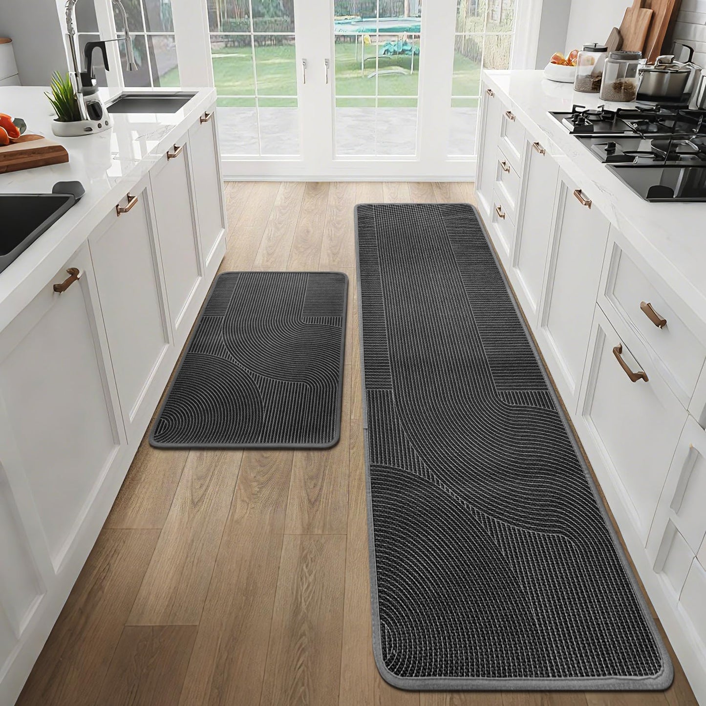 HAPACE Kitchen Mat Set of 2 PCS, Anti Fatigue Kitchen Floor Mat, Kitchen Runner Cushioned Non Slip for Kichen, Office, Balcony, Gray, 17" x 30"+17" x 59"