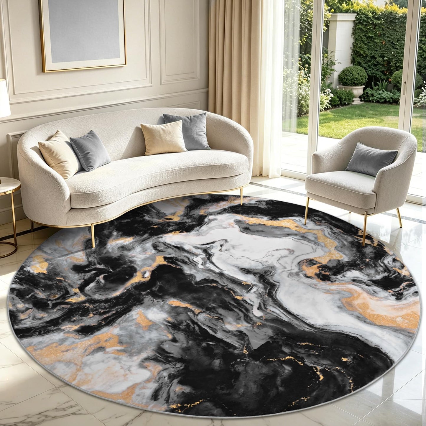 Yinhua Washable Round Rug 6ft, Circle Black and Gold Rug Non Slip, Soft Faux Wool Marble Rugs Non Shedding, Low Pile Abstract Area Rugs, Stain Resistant Carpet for Dining Room Table Nursery