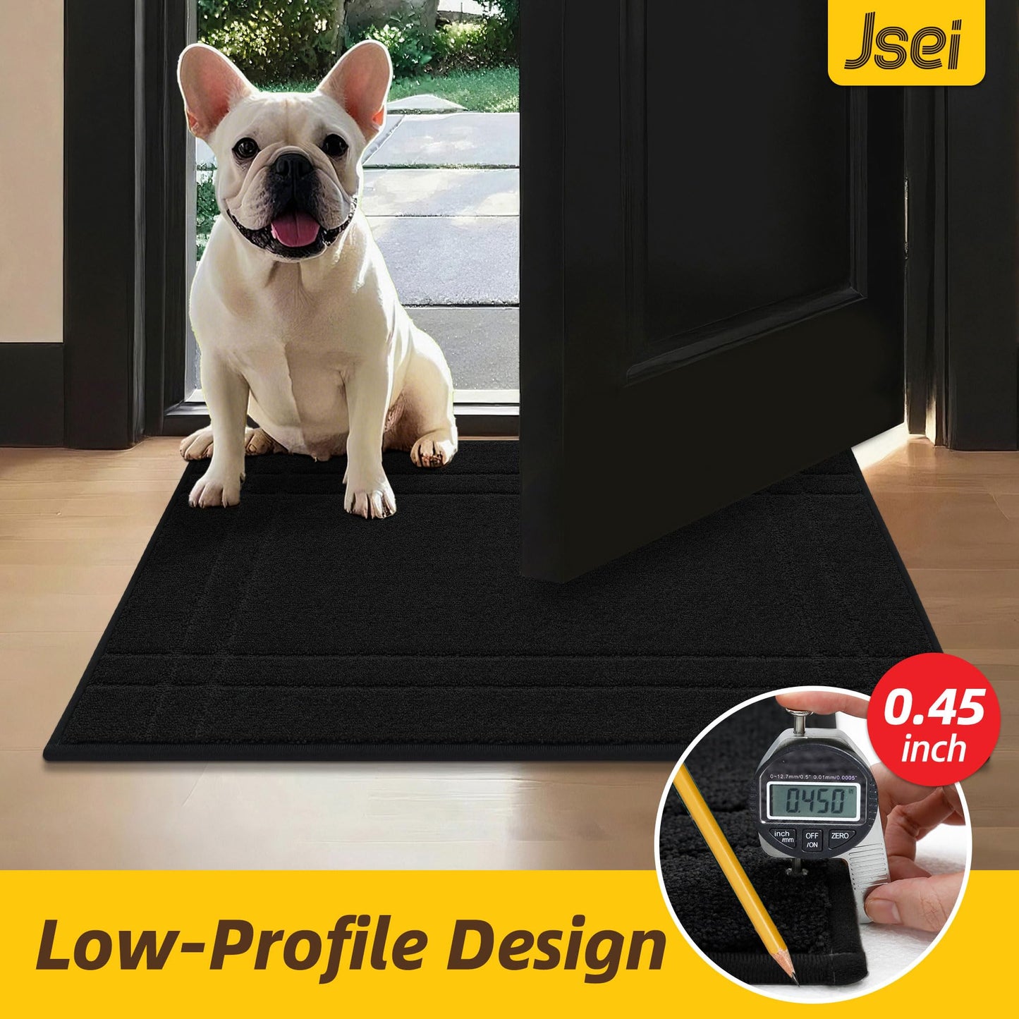 JSEI Door Mat, Low Profile Front Entryway Rugs for Wet Shoes and Dirty Pet Paws, Absorbent Dirt Trapper Doormat, Non Slip TPR Backing, Machine Washable Entryway Mat, Black, 20" x 32"