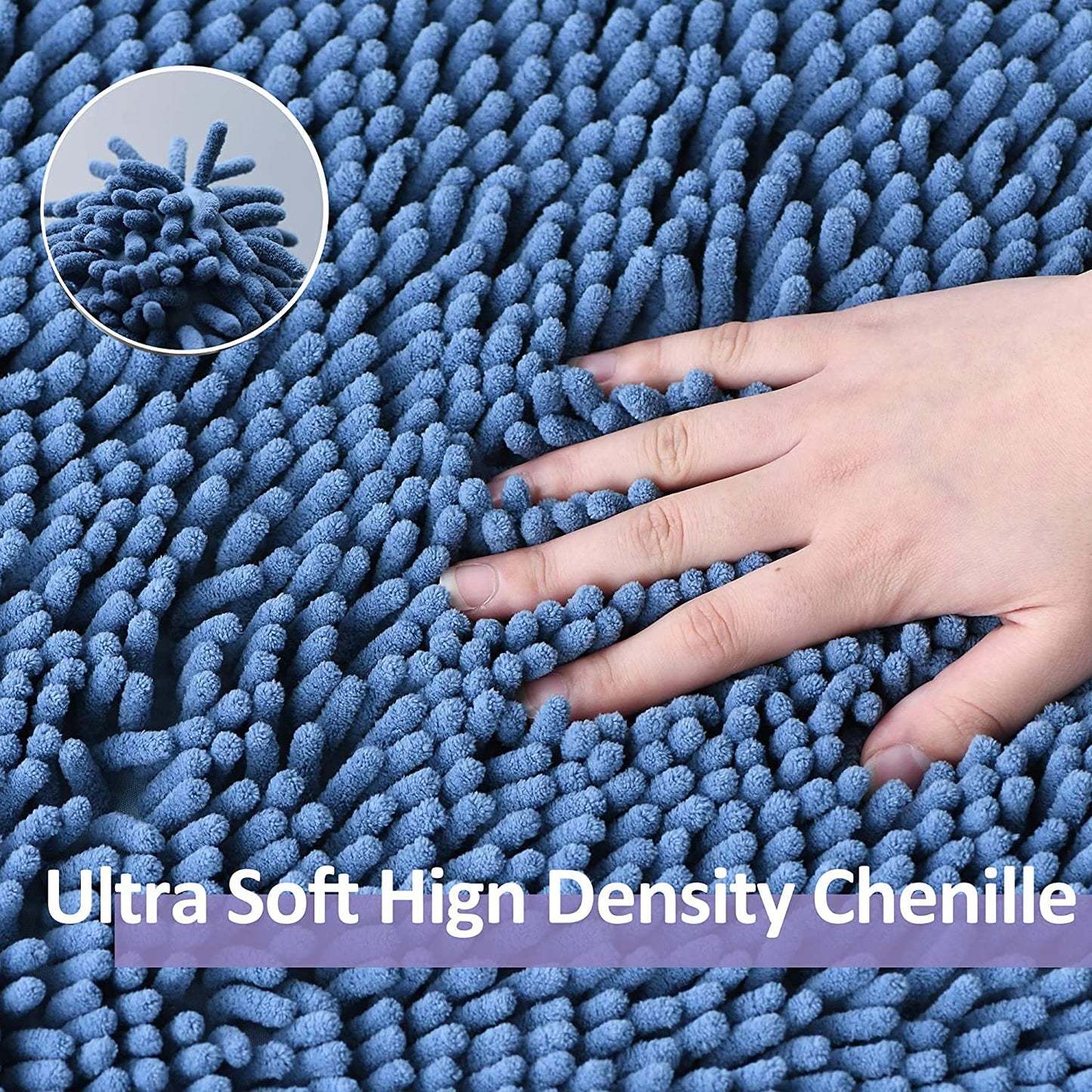 Blue Bathroom Rugs Chenille Bath Mats Set 3 Piece Extra Soft and Absorbent Shaggy Rugs, Machine Wash and Dry, Perfect Plush Bath Mats for Tub, Shower, Bathroom Decor, Washable Carpets Set