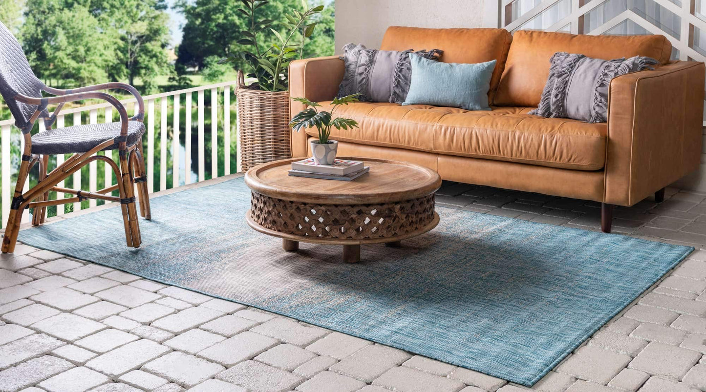 Unique Loom Outdoor Modern Collection Area Rug - Ombre (7' 1" x 10' Rectangle, Aqua/ Ivory)