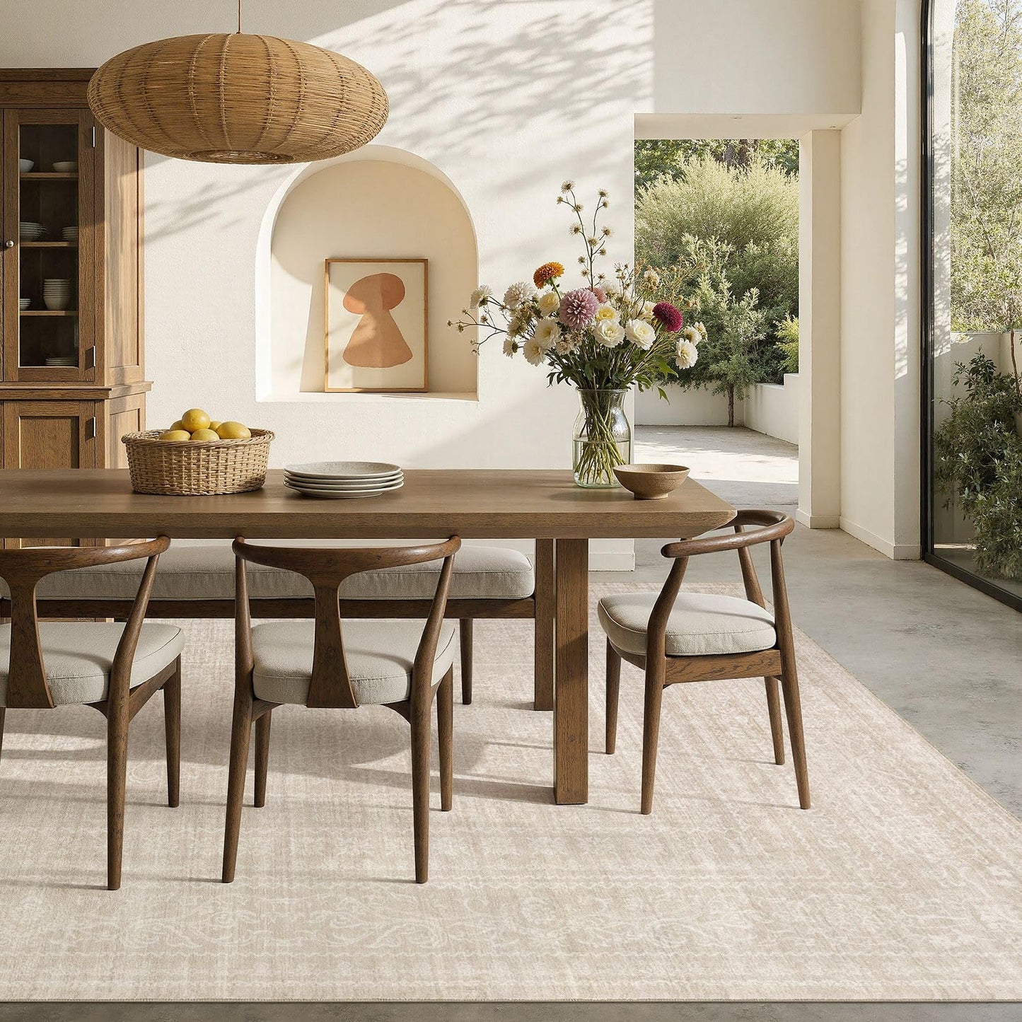 Nakagishi 9x12 Area Rugs Living Room: Washable Large Vintage Rug Neutral Non-Slip Soft Stain Resistant Indoor Carpet for Bedroom Nursery Dining Room Office Playroom - Beige