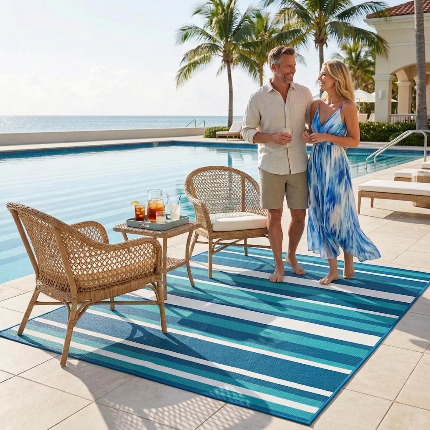 LANVIA Outdoor Rug Camping Essentials - 4x6 FT Outdoor Plastic Straw Rug for Patio Clearance, Waterproof RV Essentials Outside Area Rug for Deck Garden, Backyard Patio Furniture Set, Blue White