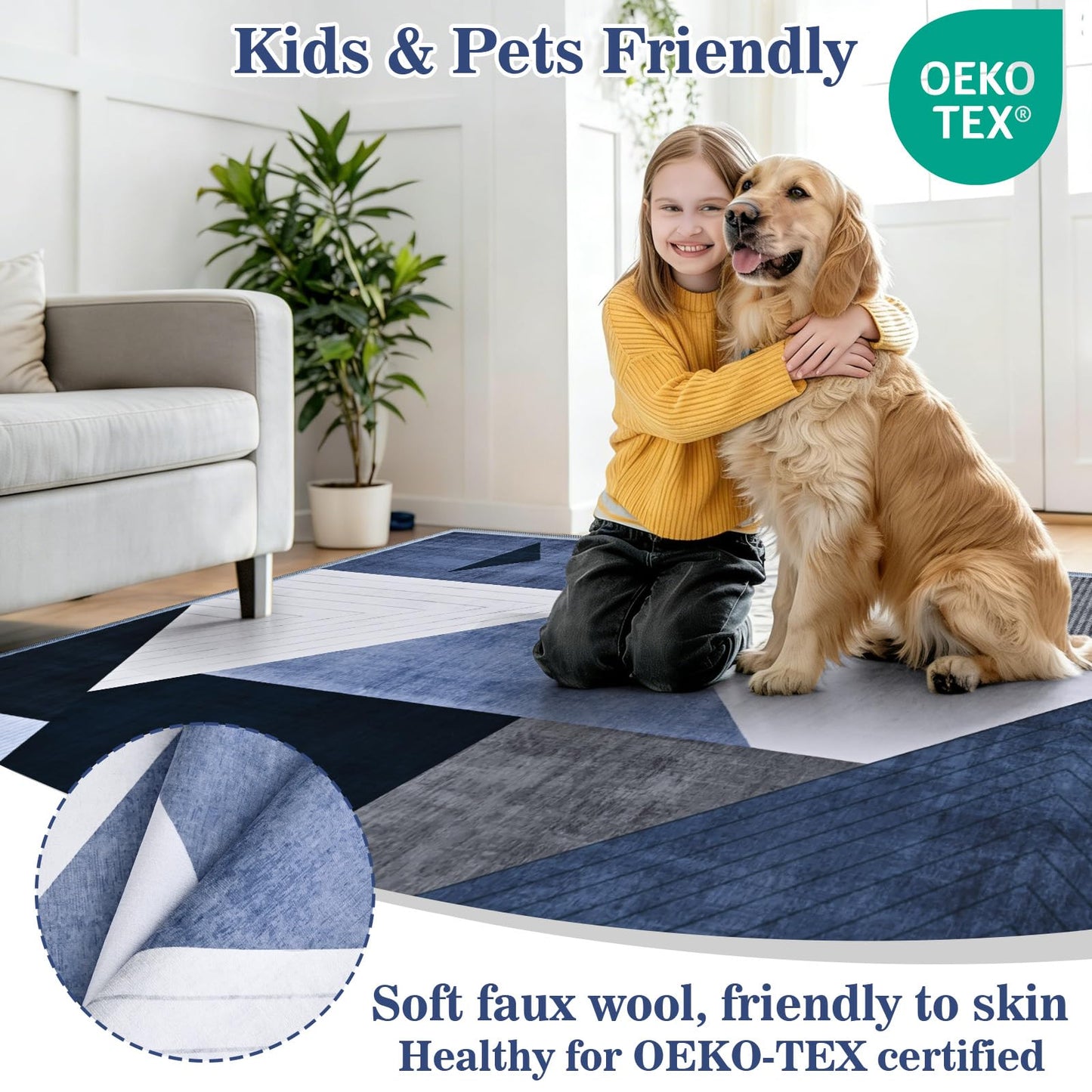 Yinhua Modern Geometric Area Rugs 9x12 Living Room Rug Low Pile Washable Rugs Non Slip, Large Area Rug for Bedroom Home Office, Soft Faux Wool Carpet No Shedding, Blue and Gray