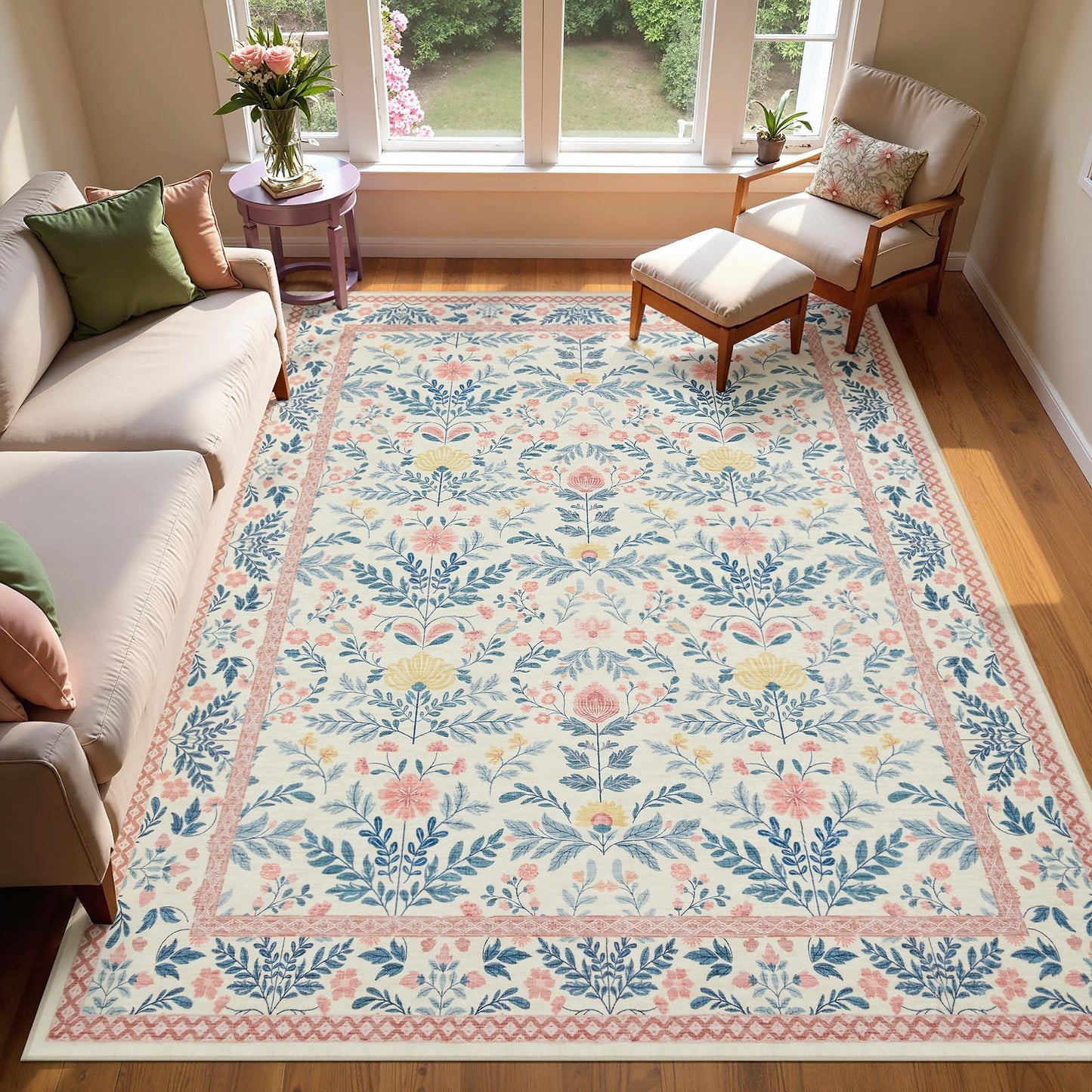 Joydeco Machine Washable Light Pink 5x7 Area Rugs for Bedroom Girls Playroom, Boho Floral Kids Room Nursery Rug Non Slip, Soft Indoor Floor Carpet for Dorm Living Room Classroom