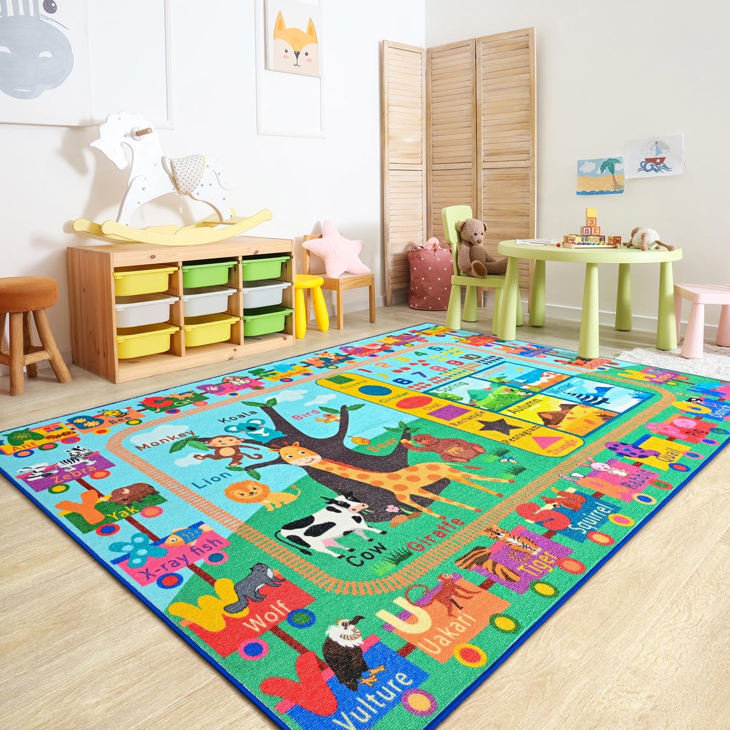 Zedrew Kids Rug for Playroom, 4x6 ABC Educational Carpet for Classroom, Fun Alphabet Area Rugs for Learn Numbers Season Animal Weather and Shapes Playmat for Girls Boys Room Nursery Decor