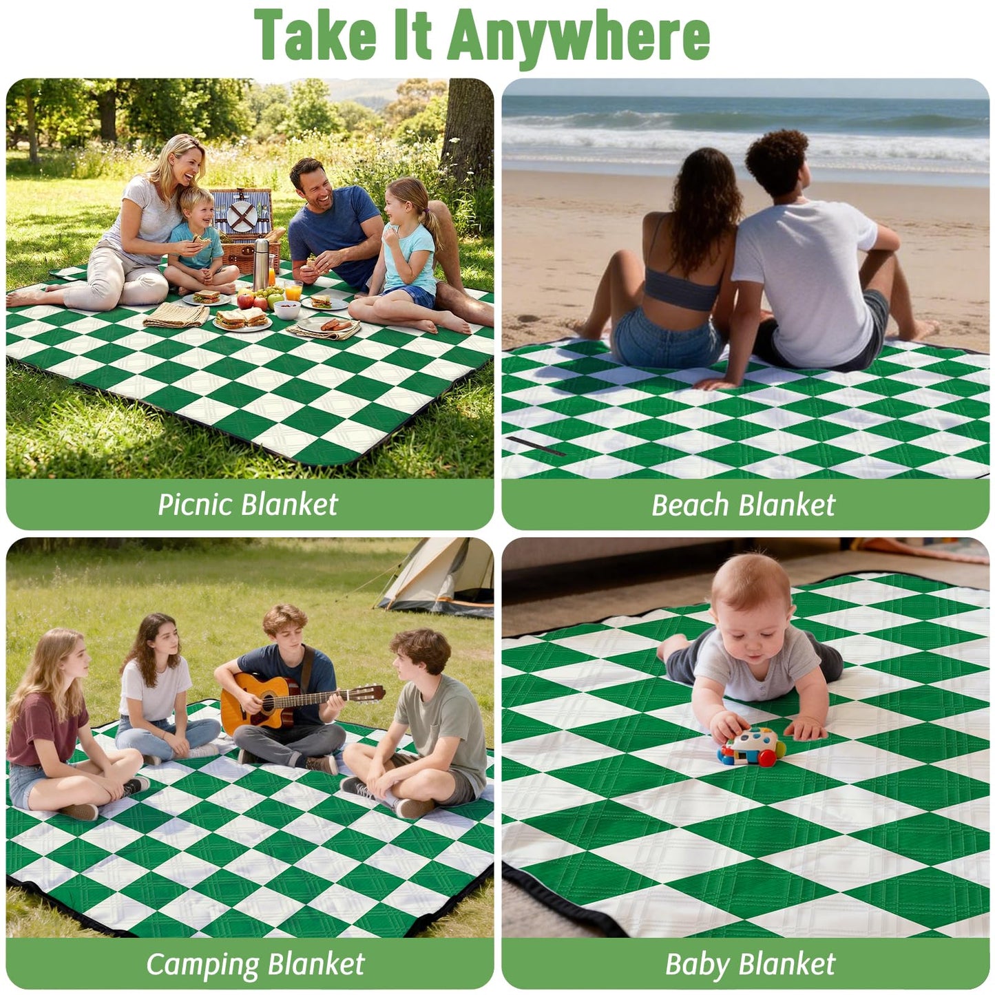 Doonly Picnic Blanket, Large Waterproof Sandproof Beach Blanket, Foldable Outdoor Blanket Gingham Picnic Mat for Beach, Camping, Park, Grass, Lawn, Travel (Green)