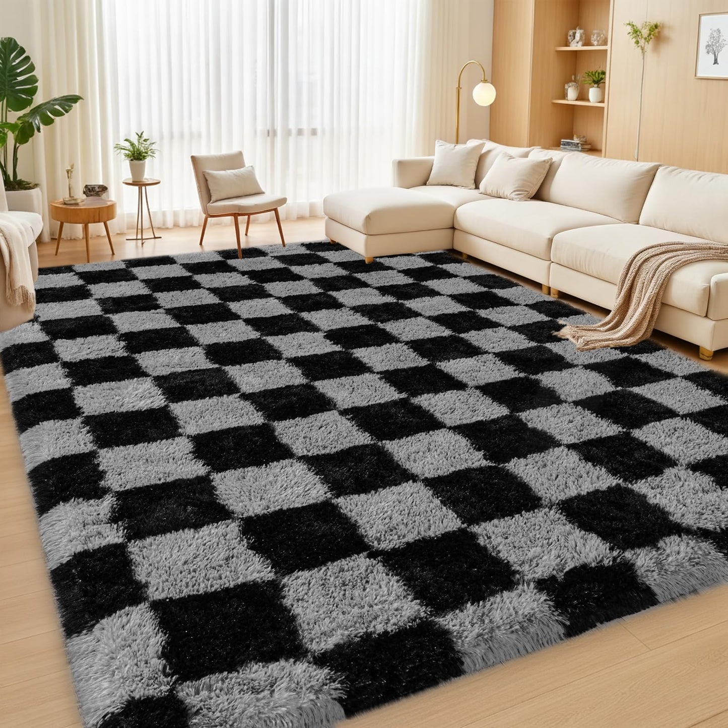 Rezutan Ultra Soft Rugs for Bedroom 8x10 Feet, Checkered Black Grey Fluffy Shag Area Rugs for Living Room, Large Comfy Furry Rug for Girls Kids Baby Room Decor Teenage Pastel Princess Rug, Non Slip