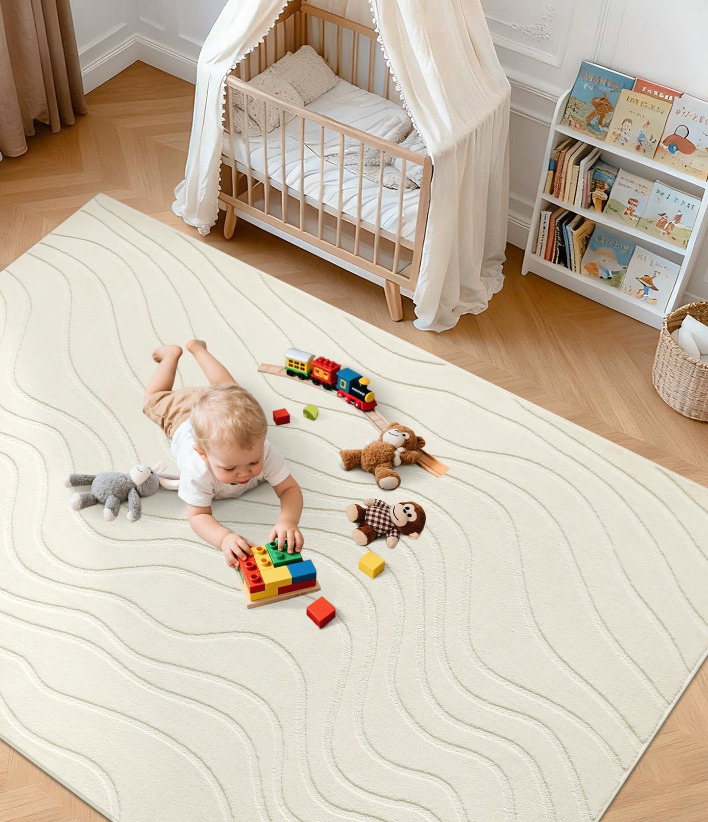 YIHOUSE 5x7 Abstract Wave Striped Area Rug, Modern Washable High-Low Pile Rug, Soft Textured Carpet for Living Room, Bedroom,Dining Room, Beige Ivory White