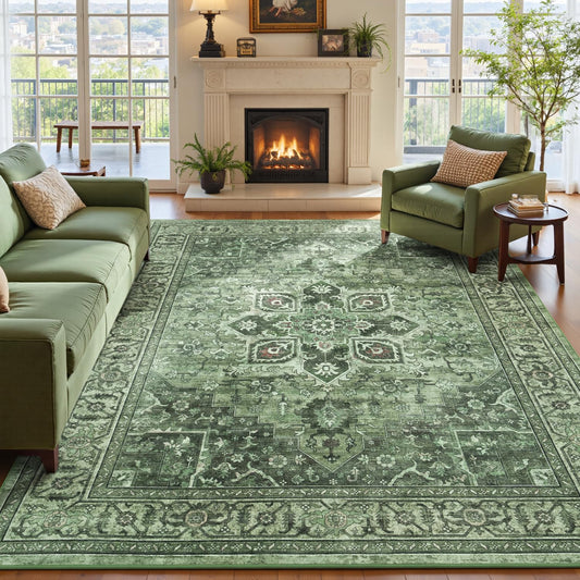 Vibrug Sage Green 8x10 Vintage Large Area Rugs for Living Room - Farmhouse Boho Floral Aesthetic Distressed Moss Green Carpet, Soft Washable Low Pile Non-Slip Medallion Rug for Dining Room, Bedroom