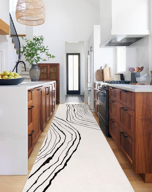 GLN Rugs Contemporary - Thassos - Machine Washable Runner Rug, Modern Washable, Non Slip, Low Pile Area Rug, Hallway, Bedroom, Kitchen Rug - Easy Clean (2'6" x 10' Beige Black)