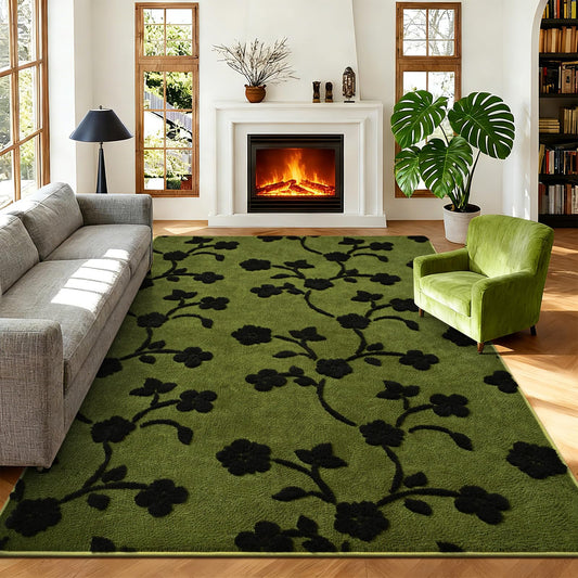 Zedrew Floral Area Rugs for Bedroom Living Room, 4x6 Memory Foam Rug, Modern Washable Minimalist Carpet for Kids Boys Girls Dorm Nursery Home Decor(4x6ft, Olive Green)