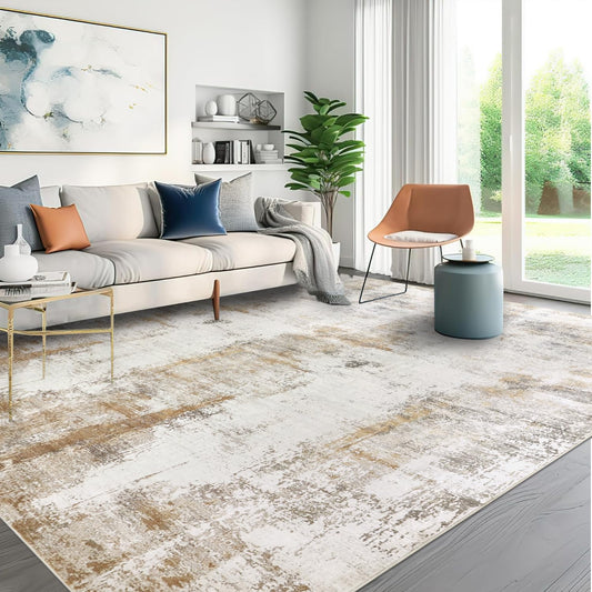 famibay Machine Washable Area Rugs 8x10 Rugs for Living Room Low Pile Neutral Area Rug Large Dining Room Rugs for Under Table Rubber Back Abstract Carpet for Living Room Under Bed(Beige/Camel