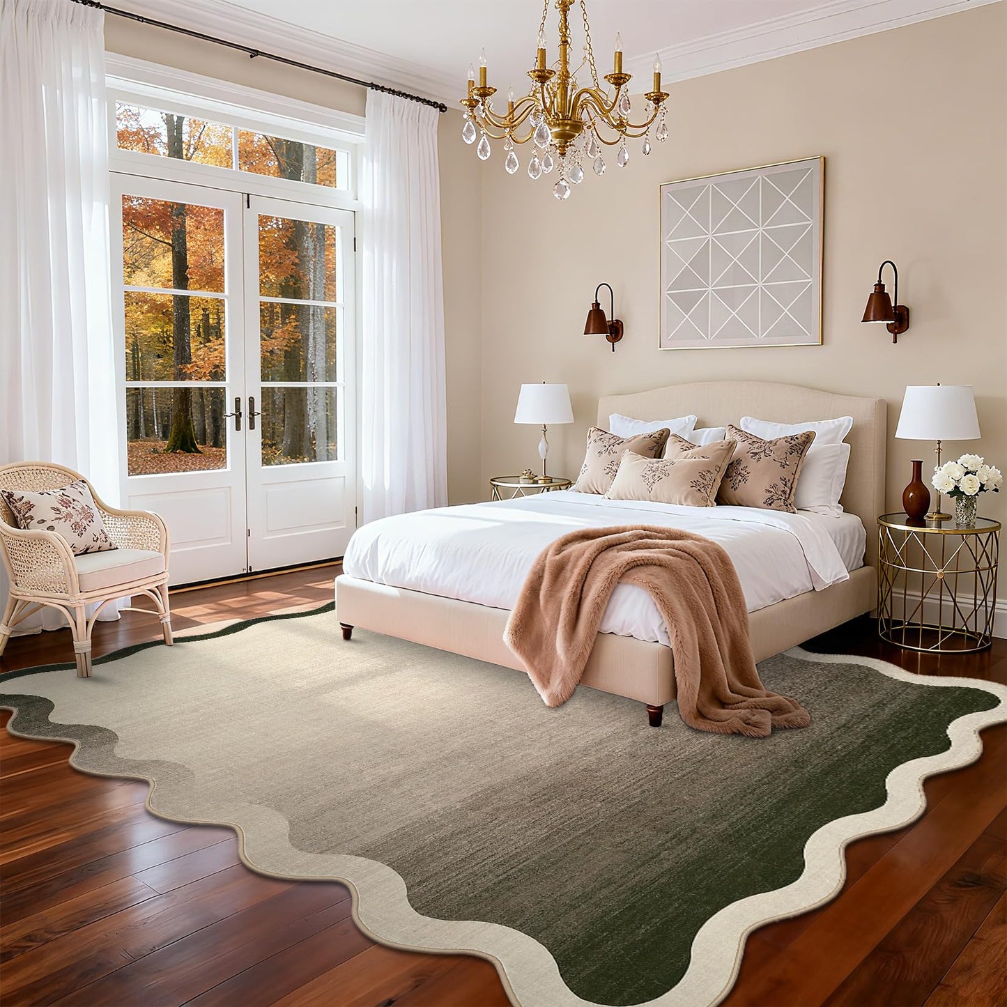 LUXLOOM Large Scalloped Rug 9x12 Non-Slip Contemporary Accent Rugs for Living Room Washable Non-Shedding Ultra-Thin Floor Cover Modern Ombre Indoor Carpet for Bedroom Nursery Kids Room Office Camel