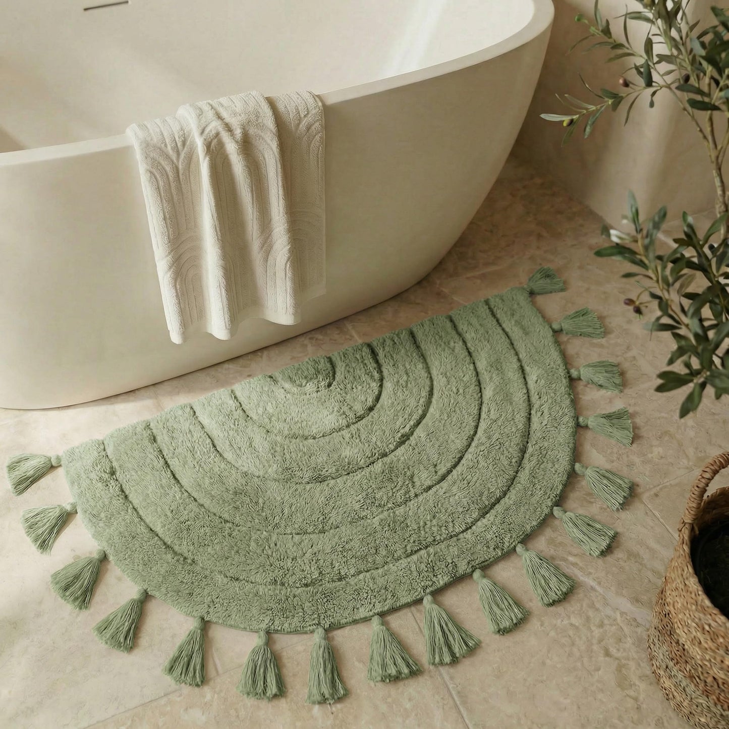 Beautiful Boho Rug with Tassels for Your Bathroom - Soft Half Circle 100% Cotton Mat Fits Perfectly Into Your Home - A Cute, Non-Slip and Absorbent Crochet Rug Ideal to Enhance Any Bath/Bedroom Decor