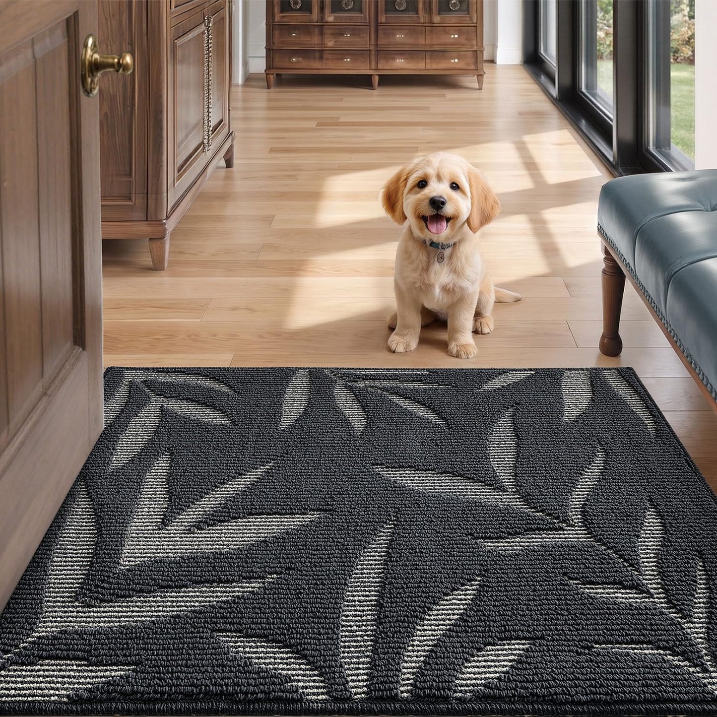 LUMI Front Door Mat Indoor Entrance 32"x48", Low Profile Welcome Mat, Non-Slip Washable Doormat with Rubber Backing for Entrance, Patio, Garage, Dark Grey
