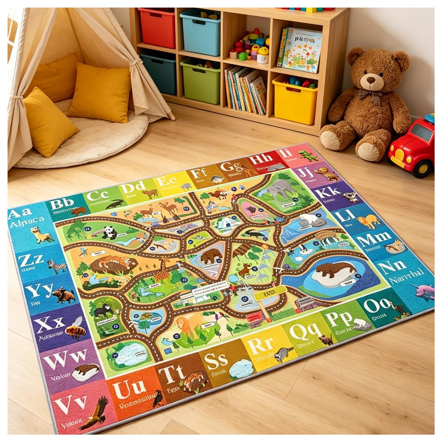 MOFAZEE Zoo map Carpet, 2'8"×4' English Letter Carpet, Washable ABC Rug for Kids Room, Non-Slip Alphabet Play Mat with Animal Illustrations, for Classrooms/Home Learning Areas
