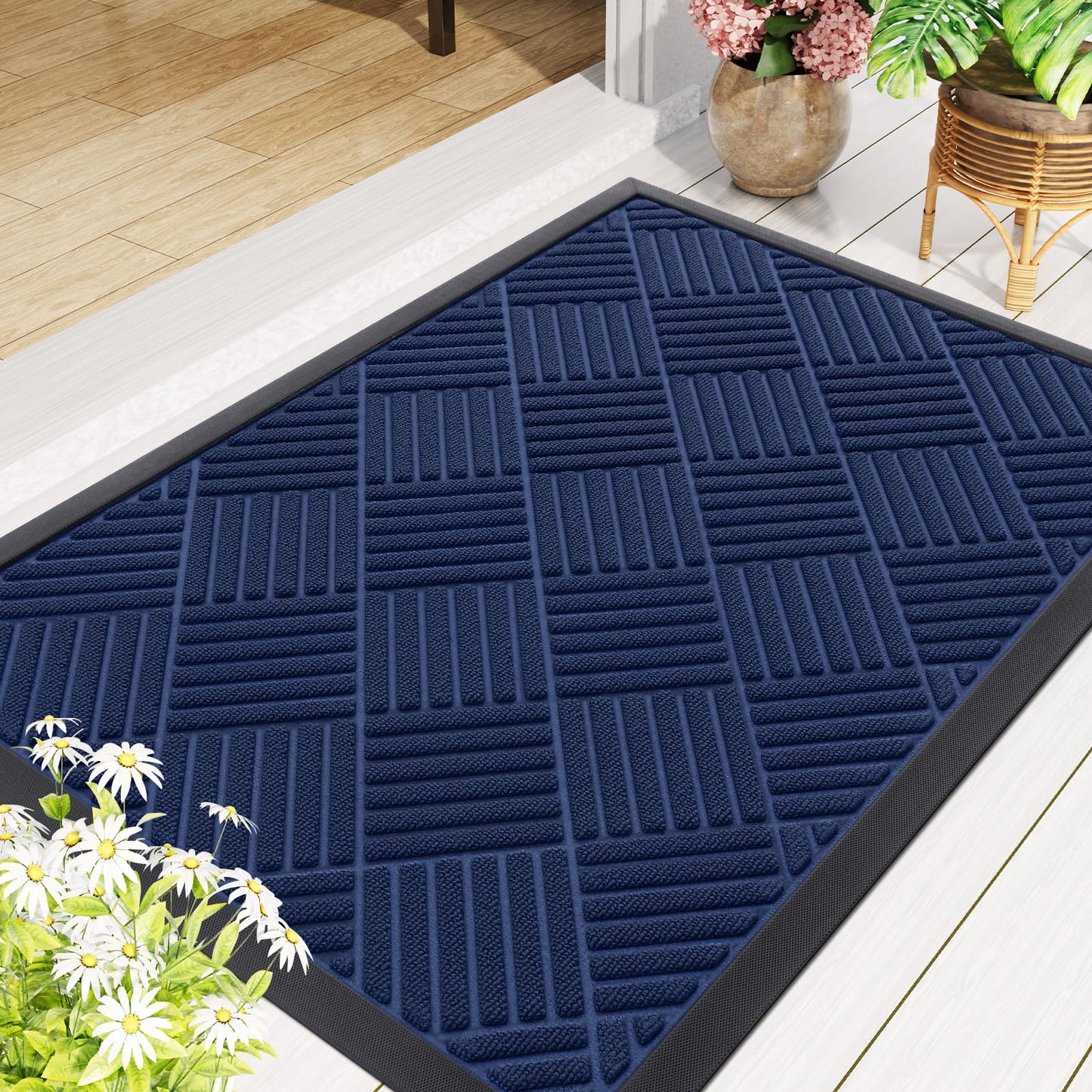 Smiry Front Door Mat Outside Entrance, Heavy Duty Outdoor Indoor Natural Rubber Doormat, Non Slip, Trap Dirt and Moisture, Easy Clean, Low Profile Patio Porch Entryway Mat, 35x23, Navy Blue