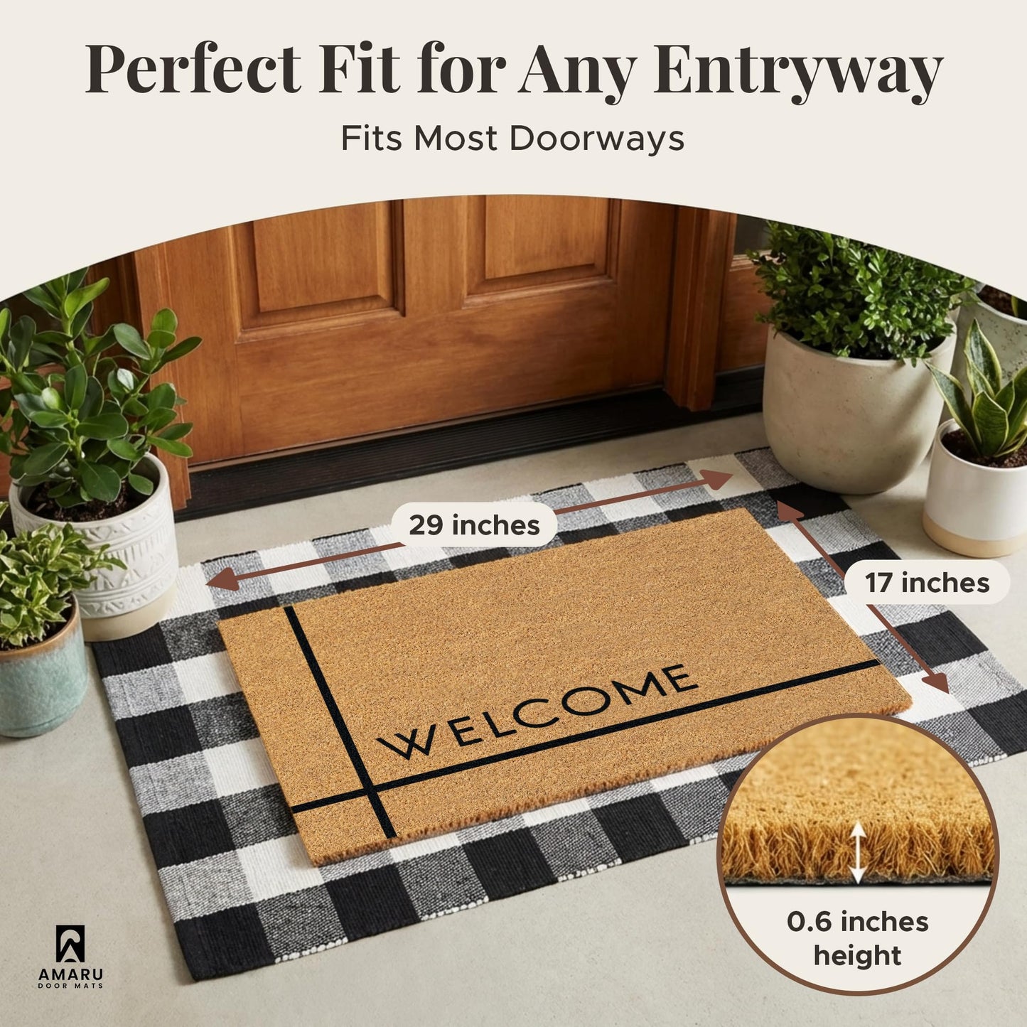 AMARU DOOR MATS - Natural Coir Door Mat, Minimal Shedding, Heavy Duty Non-Slip Welcome Mat for Front Door, Outside Entrance, Porch & Entryway (17x29, Welcome 7)