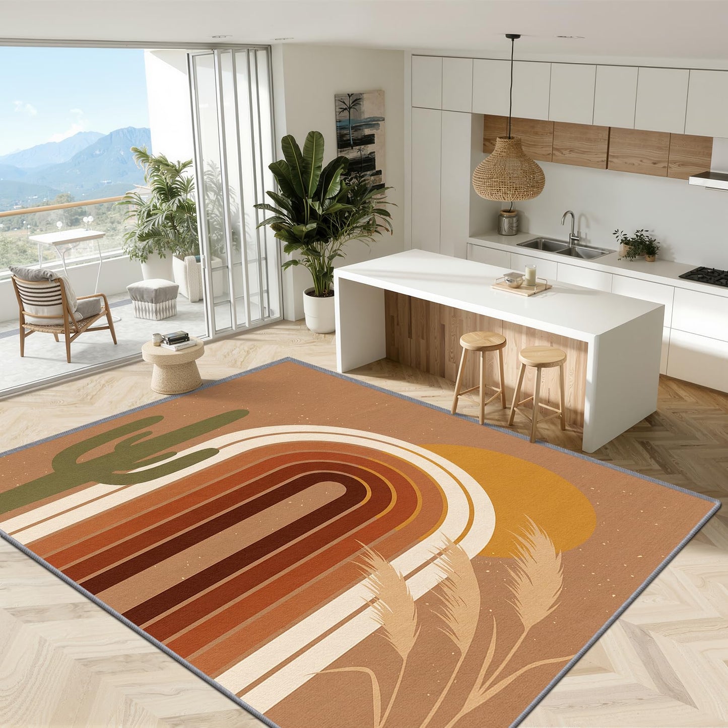Phtbz Mid Century Rugs 8x10-7x10 ft, Abstract Rug, Modern Geometric Cactus Area Rugs for Living Room Bedroom, Boho Earth Tone Sun Rainbow Washable Rug Non-Slip Carpet, Mid Century Home Decor & Gifts