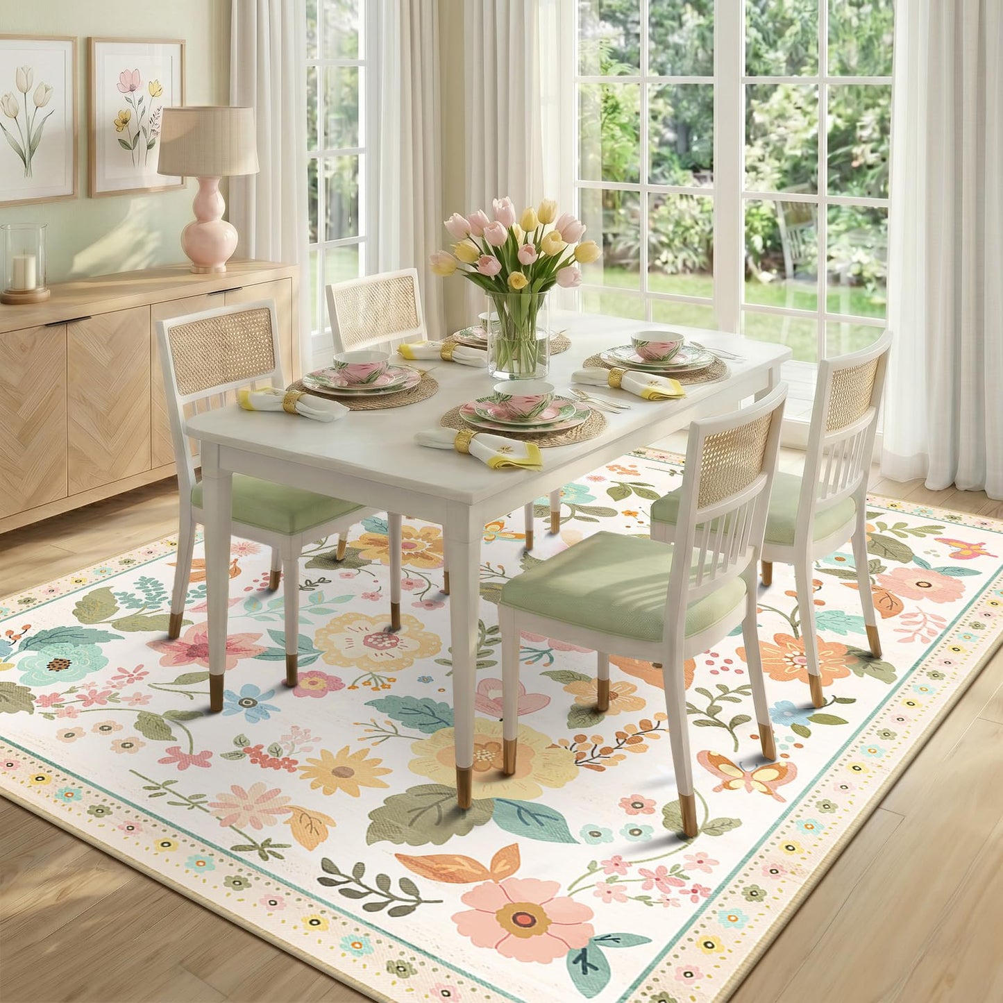 RELEANY Floral 5x7 Area Rugs Washable Print Boho Cute Carpet Non Slip Flower Low Pile for Living Room Bedroom Kitchen Office Farmhouse-Beige/White/Orange