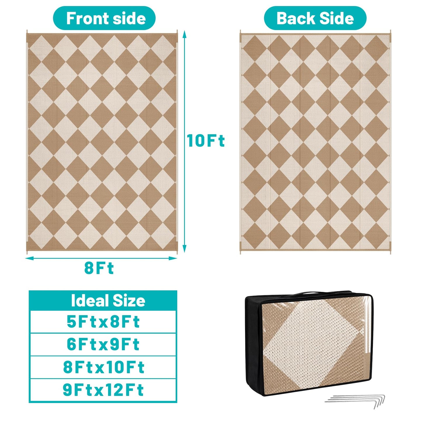 HEBE Checkered Outdoor Rug Waterproof 8x10, Reversible Plastic Straw Rug RV Camping Rug, Indoor Outdoor Patio Mat Clearance, Outside Carpet for Porch,Deck,Camper,Balcony,Backyard,Picnic