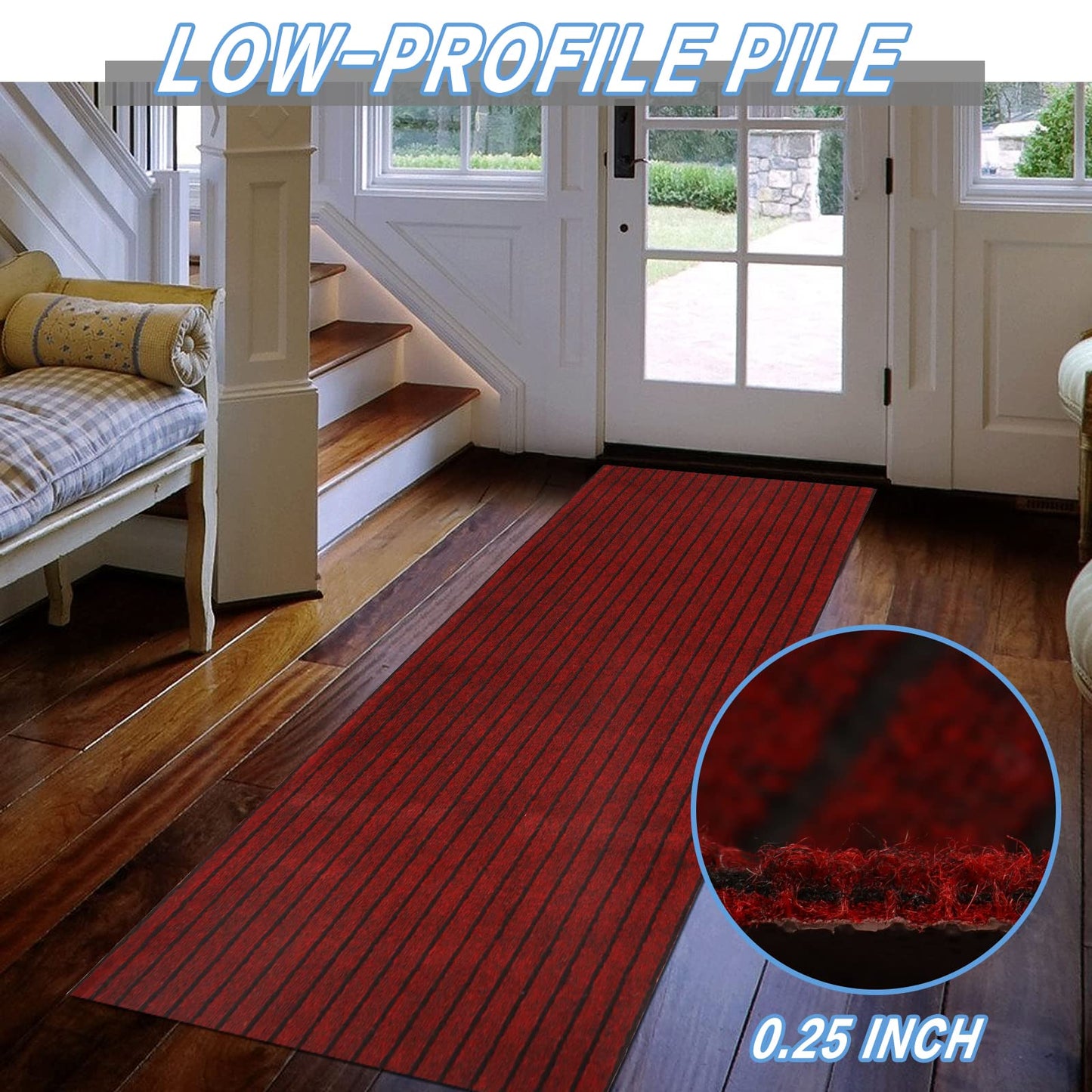 FREADEM Runner Rugs 2' x 6' Indoor Outdoor Carpet Runner, Area Rugs with Anti-Slip Rubber Backing for Aisle Hallway Balcony Garage Entryway Stair, Red Stripe
