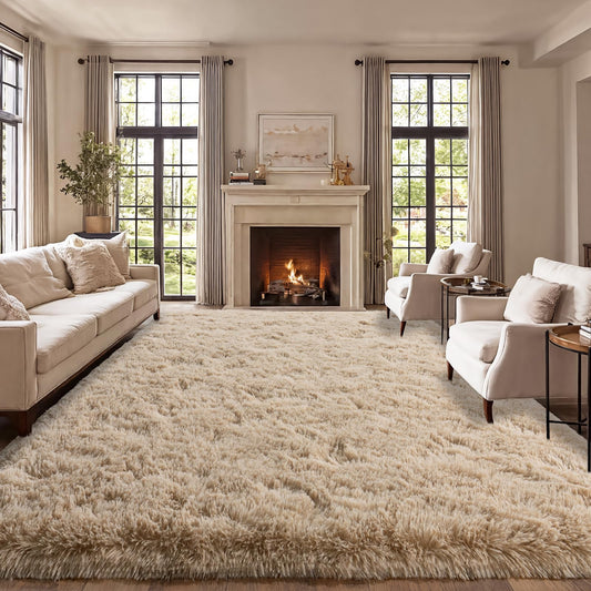 qulint Large Area Rug for Living Room 10x14, Soft Fluffy Tan Area Rug for Bedroom, Shag Shaggy Fuzzy Nursery Carpets for Boys and Girls Dorm Room Kid Room Home Decor (10ft x 14ft, Light Tan)