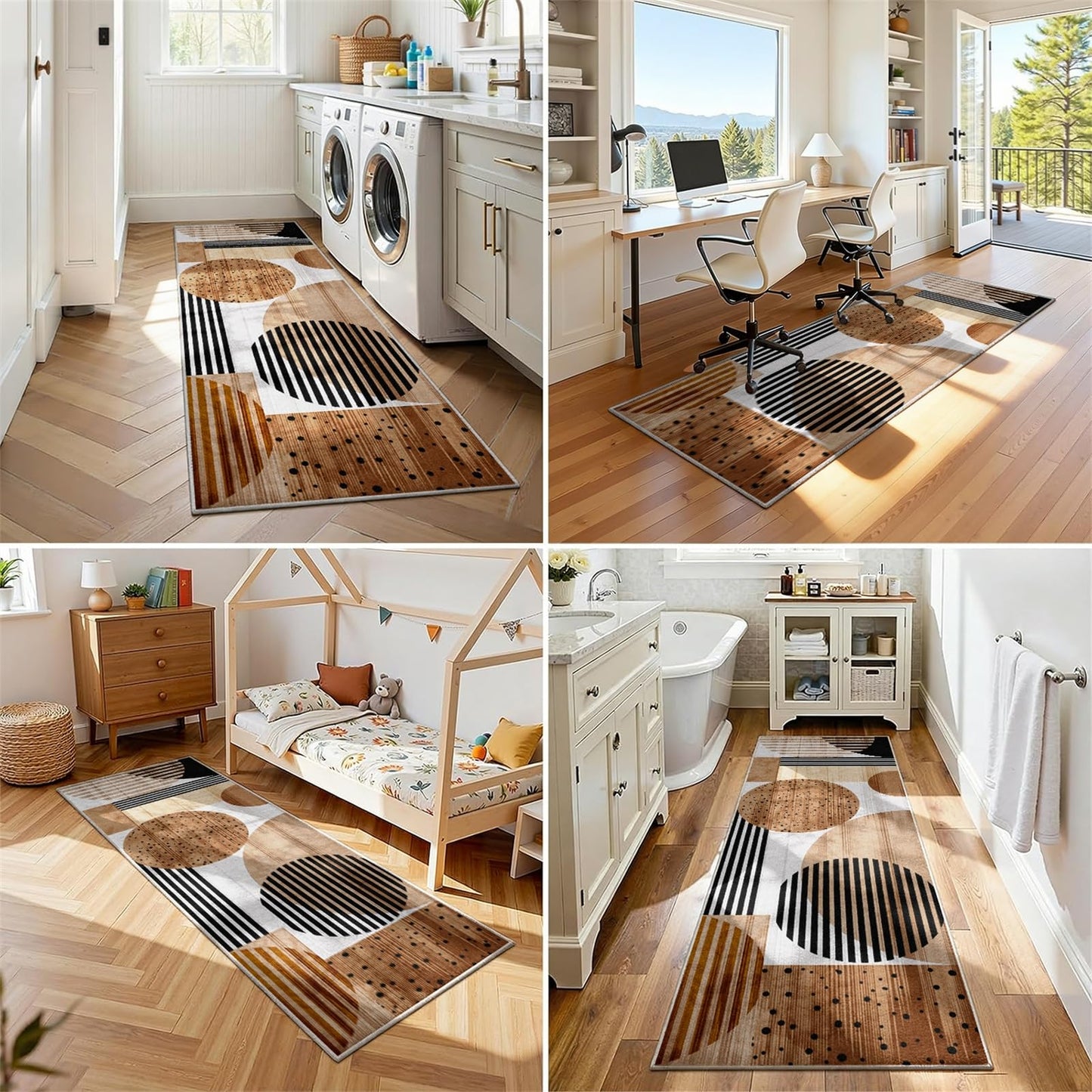 Modern Abstract Geometric Runner Rug 3.3x7ft,Mid Century Circles and Stripes Hallway Carpet, Luxury Earth Tone Long Floor Mat, Machine Washable Non-Slip Entryway Rug for Living Room, Bedroom