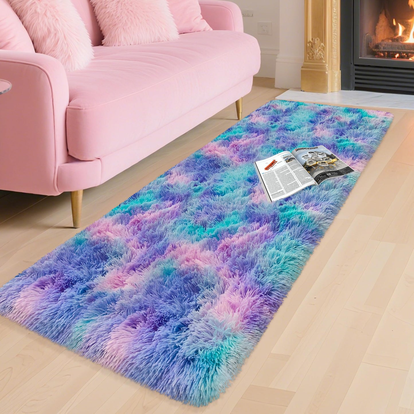 TENNOLA Shaggy Tie Dyed Light Blue Purple Runner Rug 2x6 ft Bedside Area Rugs for Living Room, Anti-Skid Extra Comfy Fluffy Floor Carpet for Indoor Hallway Home Decorative