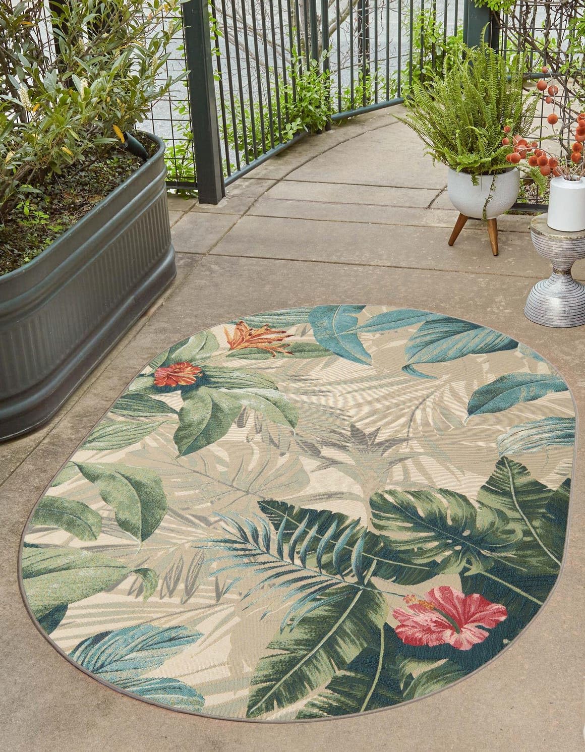 Unique Loom Outdoor Botanical Collection Area Rug - Kula (4' 1" x 6' 1" Oval Multi/Gray)